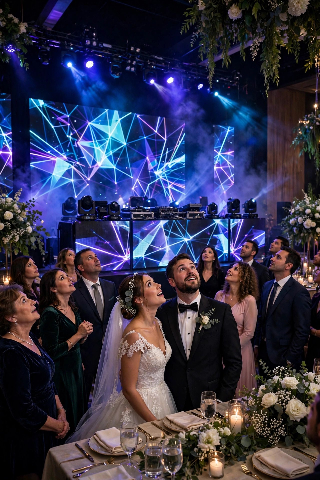 Luxury Showpiece Production Tier — Three wedding DJ package options displayed beside DJ equipment and lights