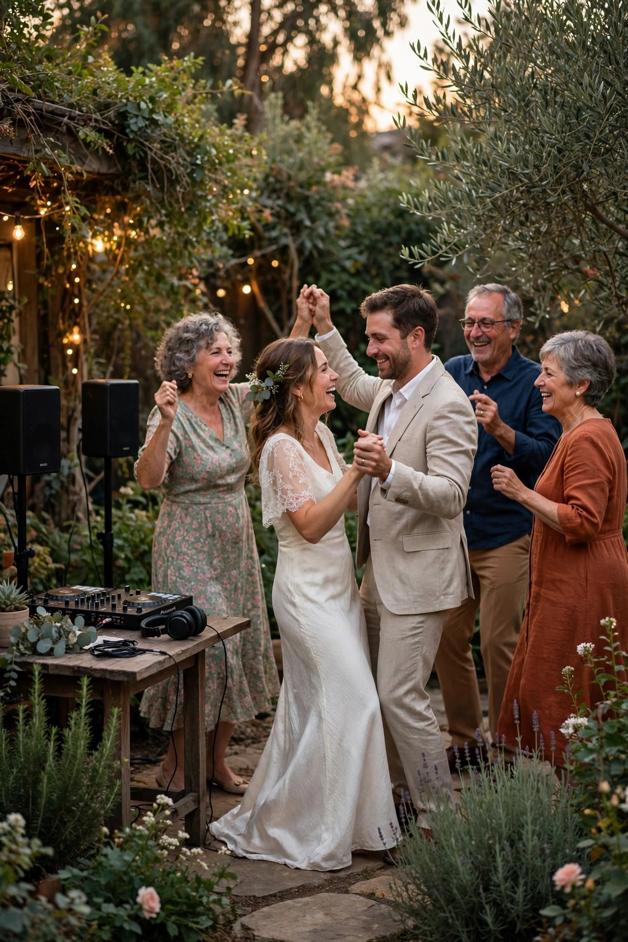 Intimate Wedding Micro Package — Three wedding DJ package options displayed beside DJ equipment and lights
