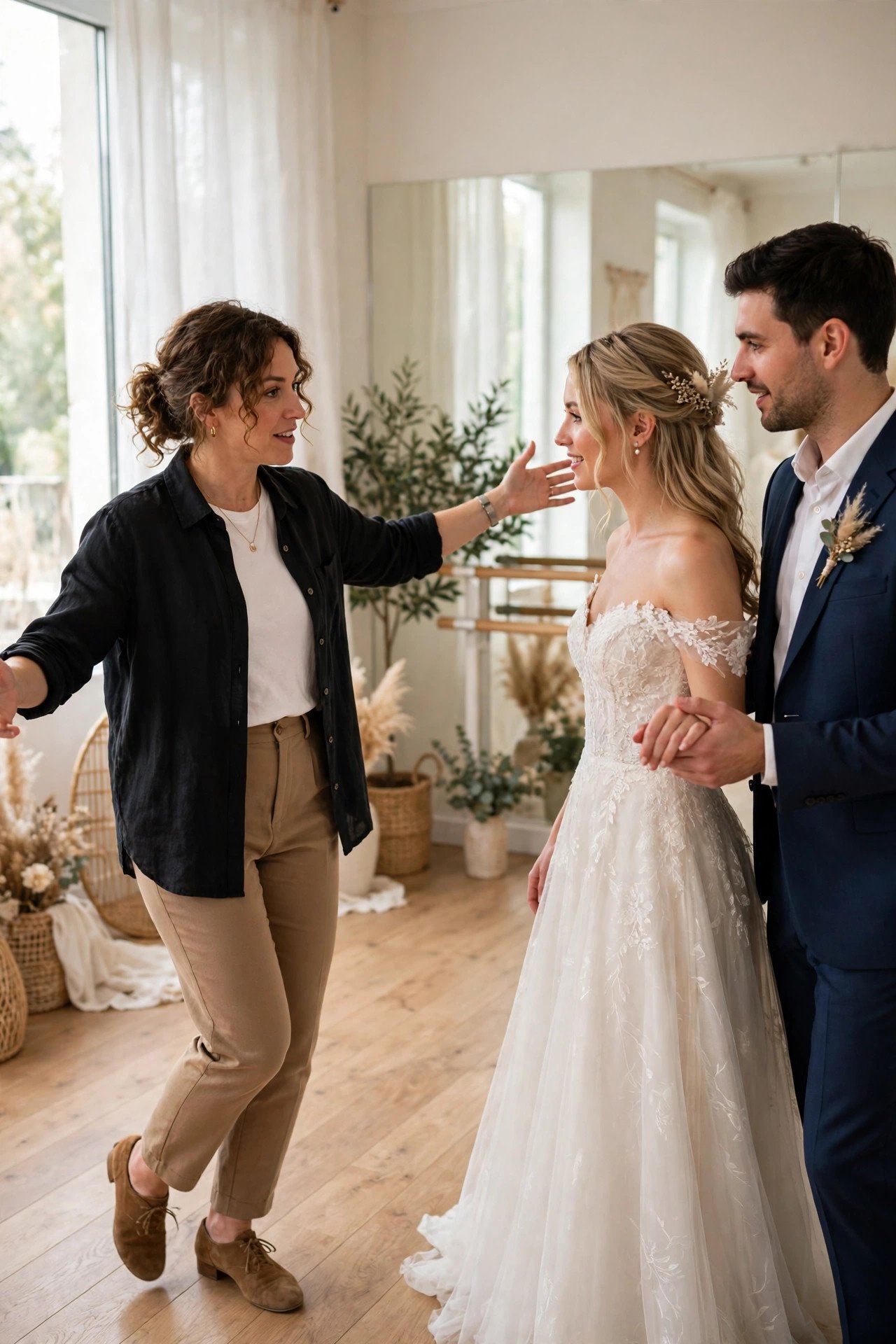 Find a Teacher Who Teaches Weddings — Couple taking a first wedding dance lesson in a bright studio