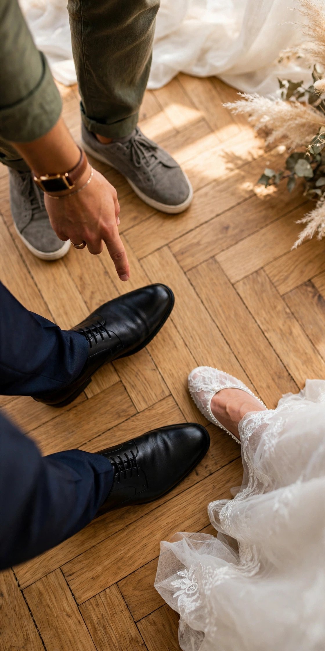 The First Lesson, Step by Step — Couple taking a first wedding dance lesson in a bright studio