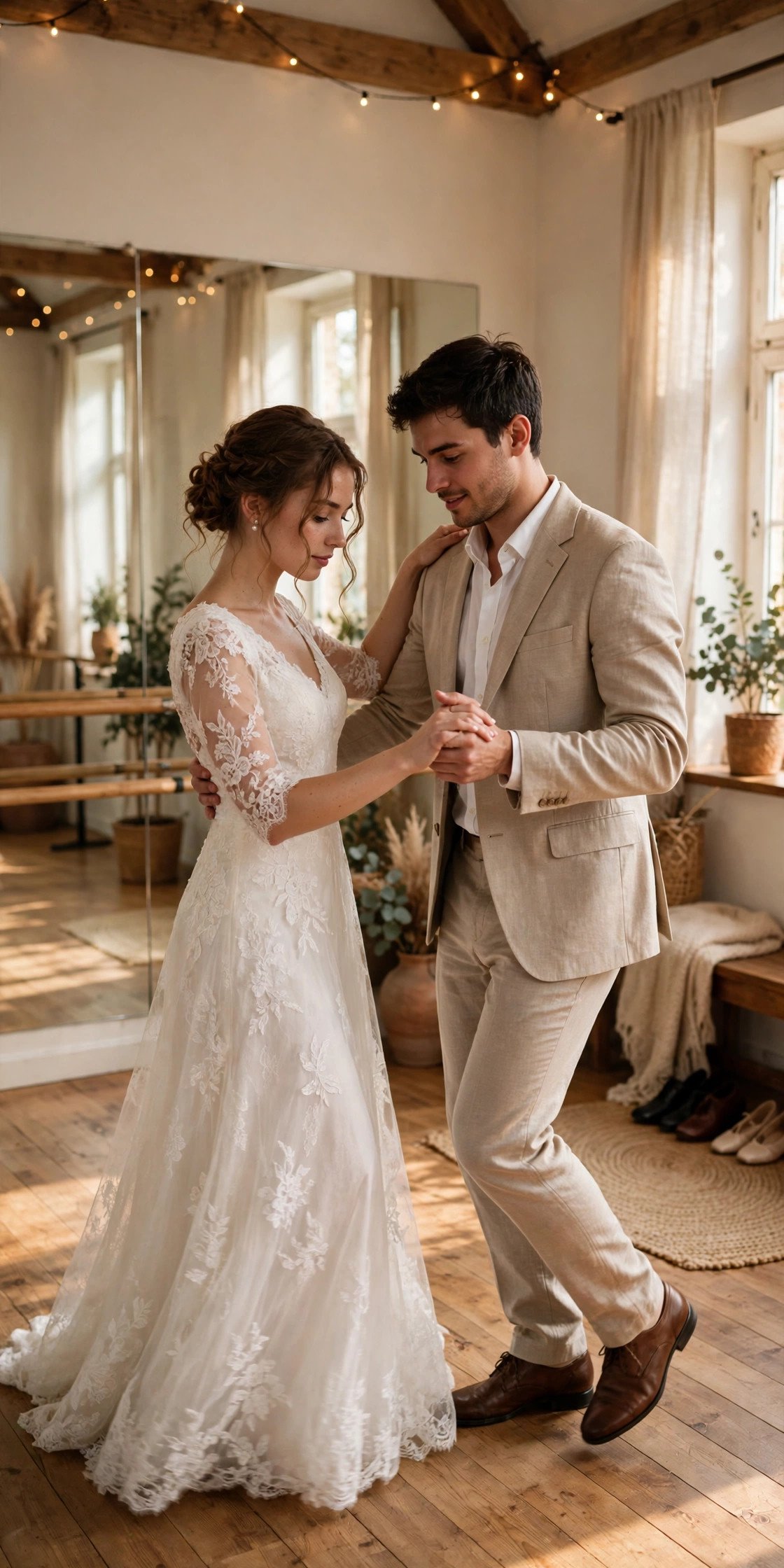 Learning the Basic Box and Turn — Couple taking a first wedding dance lesson in a bright studio