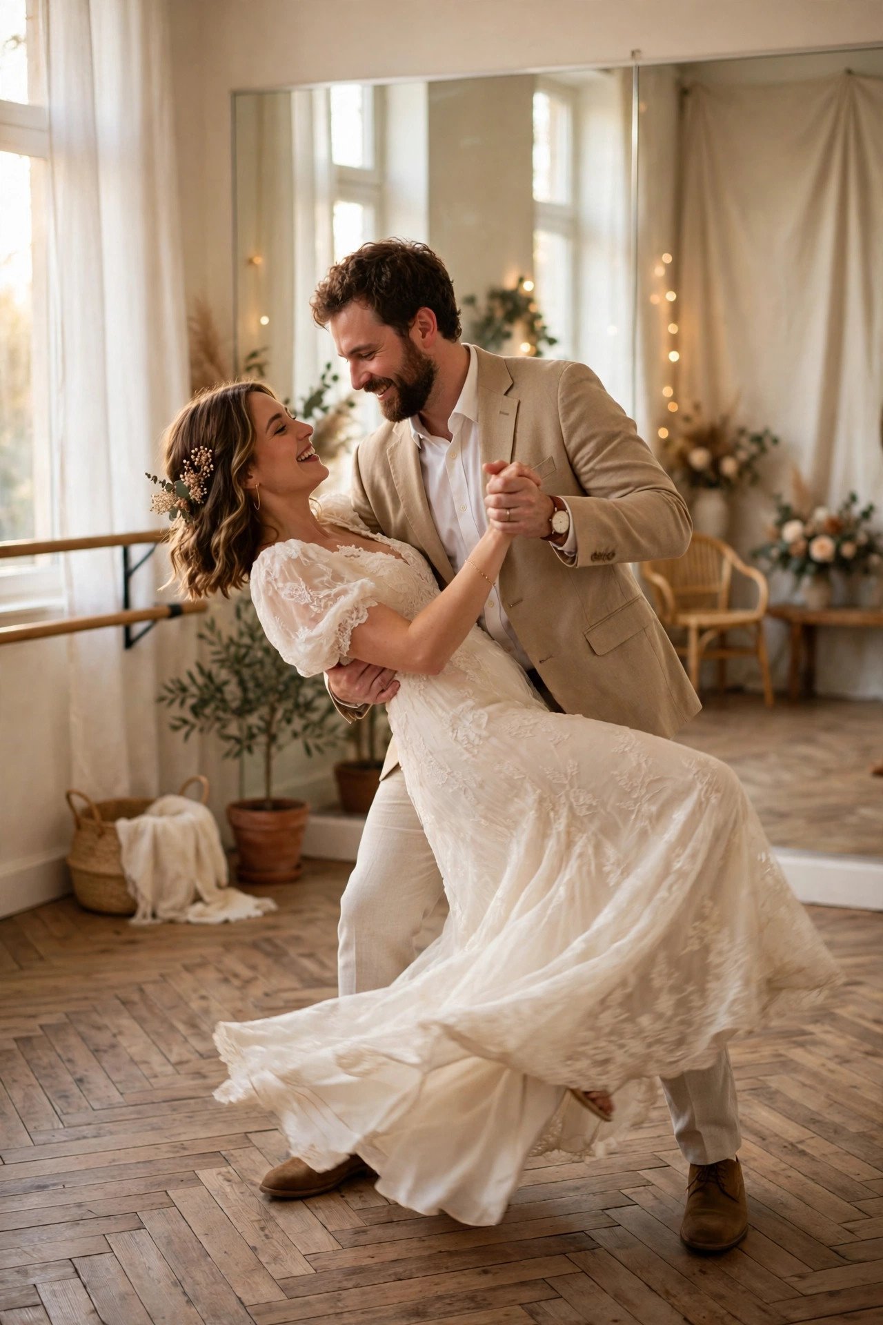A Simple Dip or Spin Finale — Couple taking a first wedding dance lesson in a bright studio
