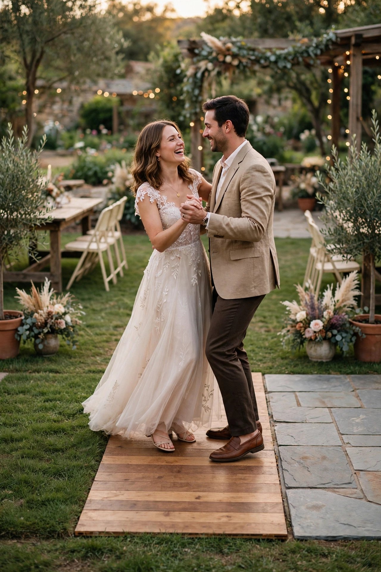 Dancing on Grass, Wood and Marble — Couple taking a first wedding dance lesson in a bright studio