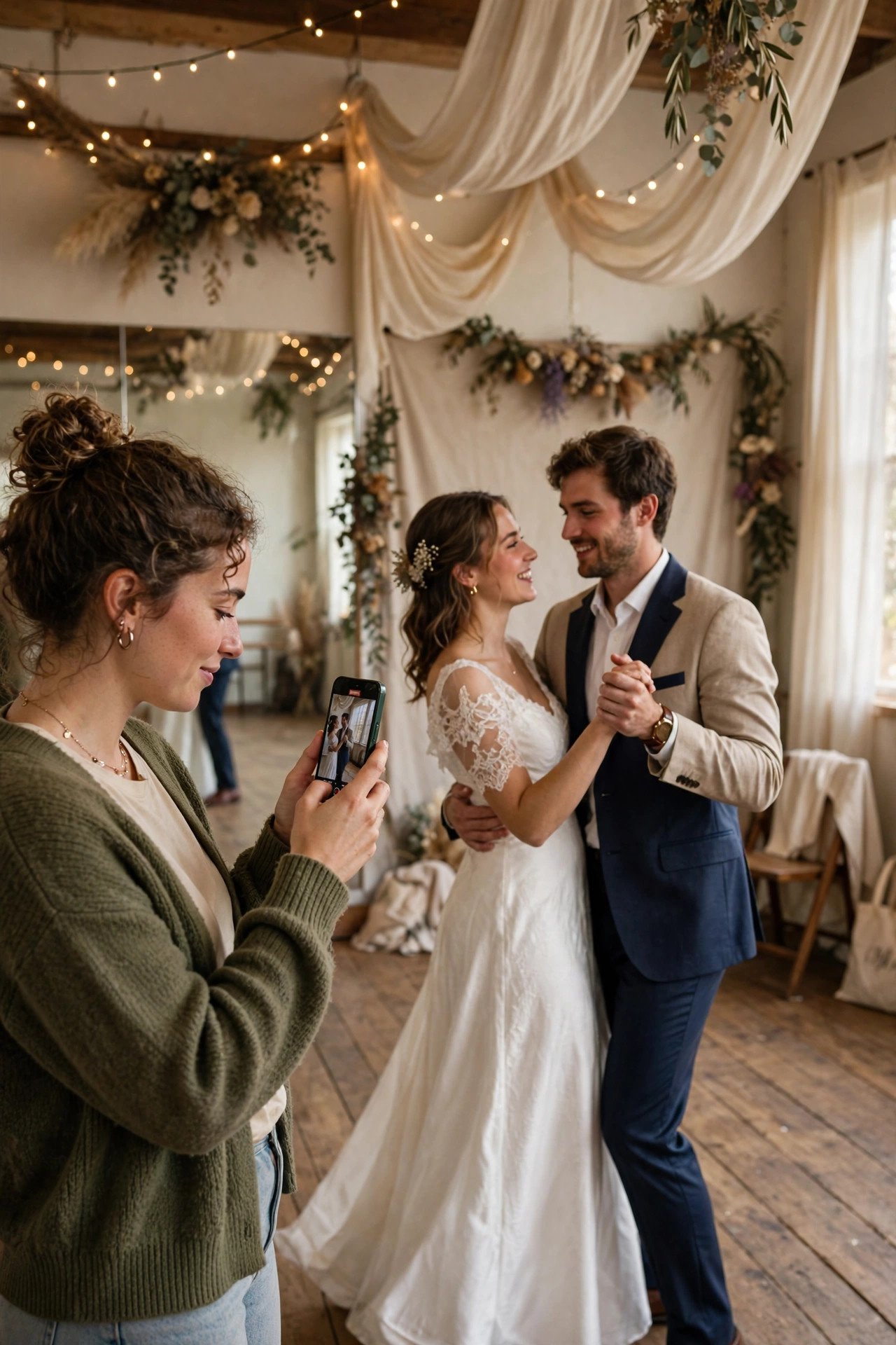 Video Your Rehearsals to Review — Couple taking a first wedding dance lesson in a bright studio
