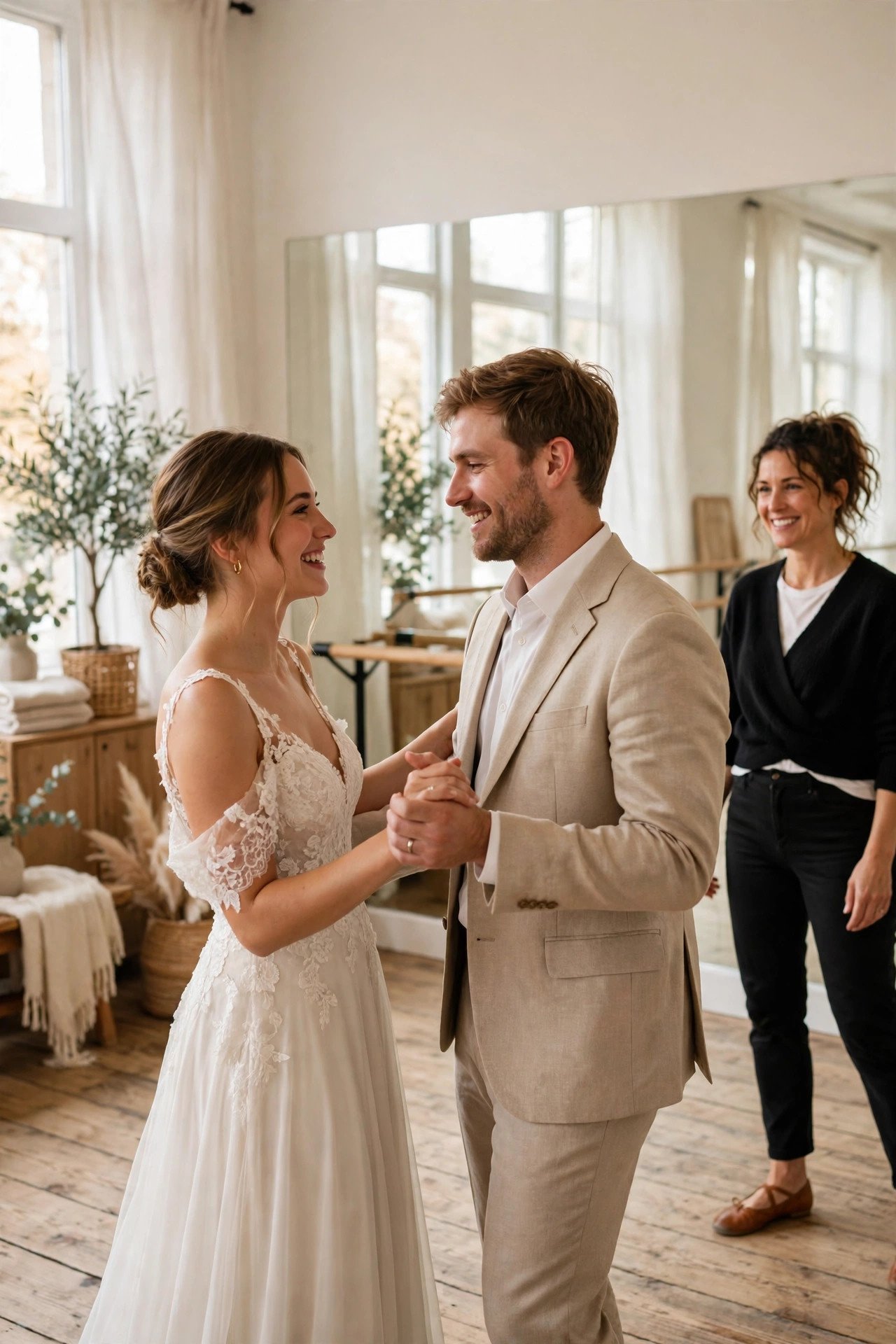 Couple taking a first wedding dance lesson in a bright studio