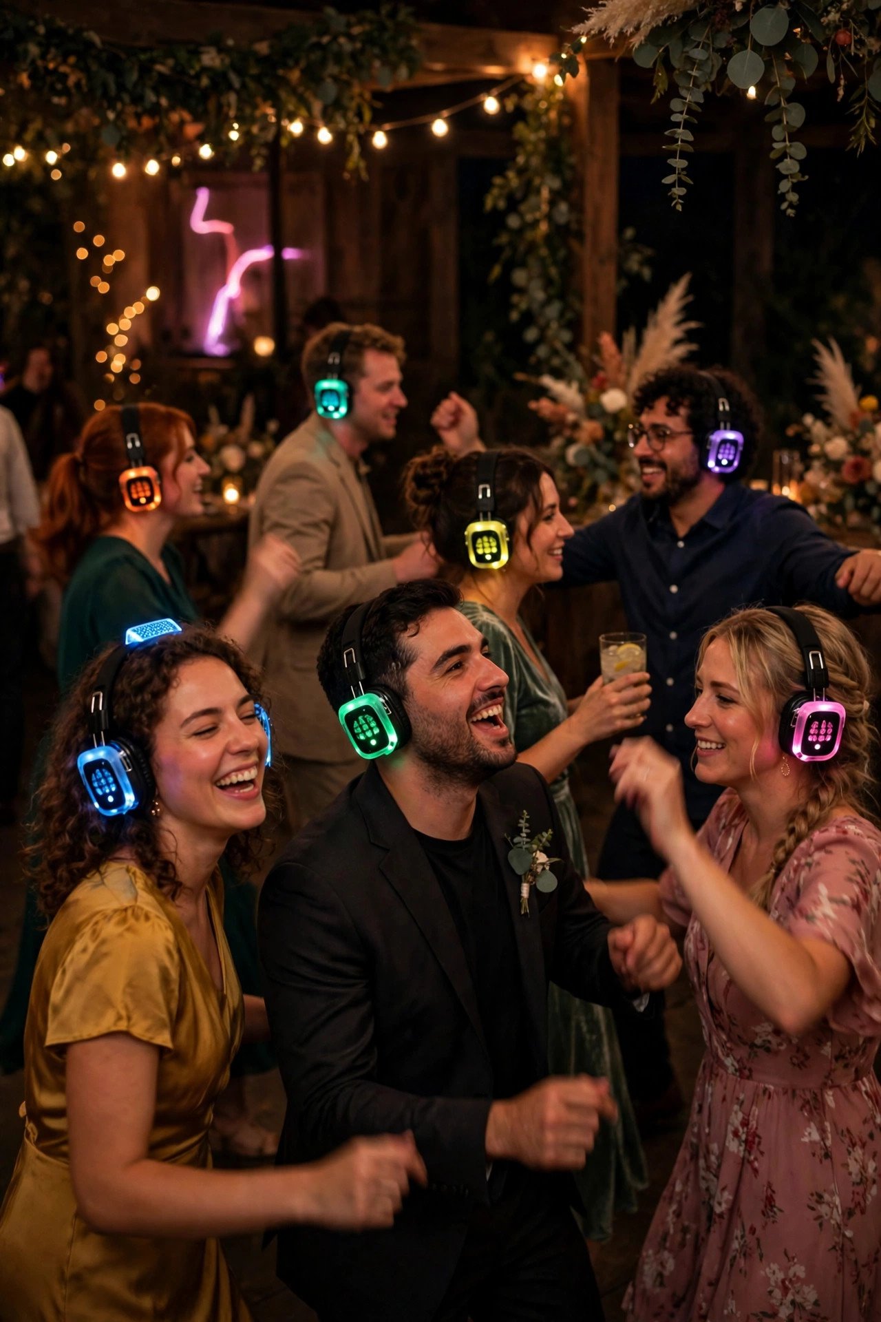 Guests dancing with glowing silent disco headphones