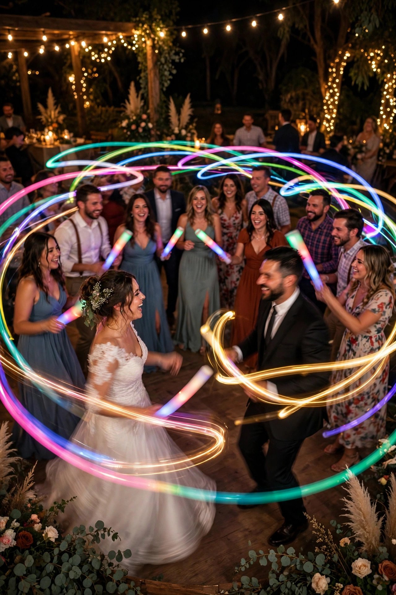 Dancers waving glow sticks in a circle at night