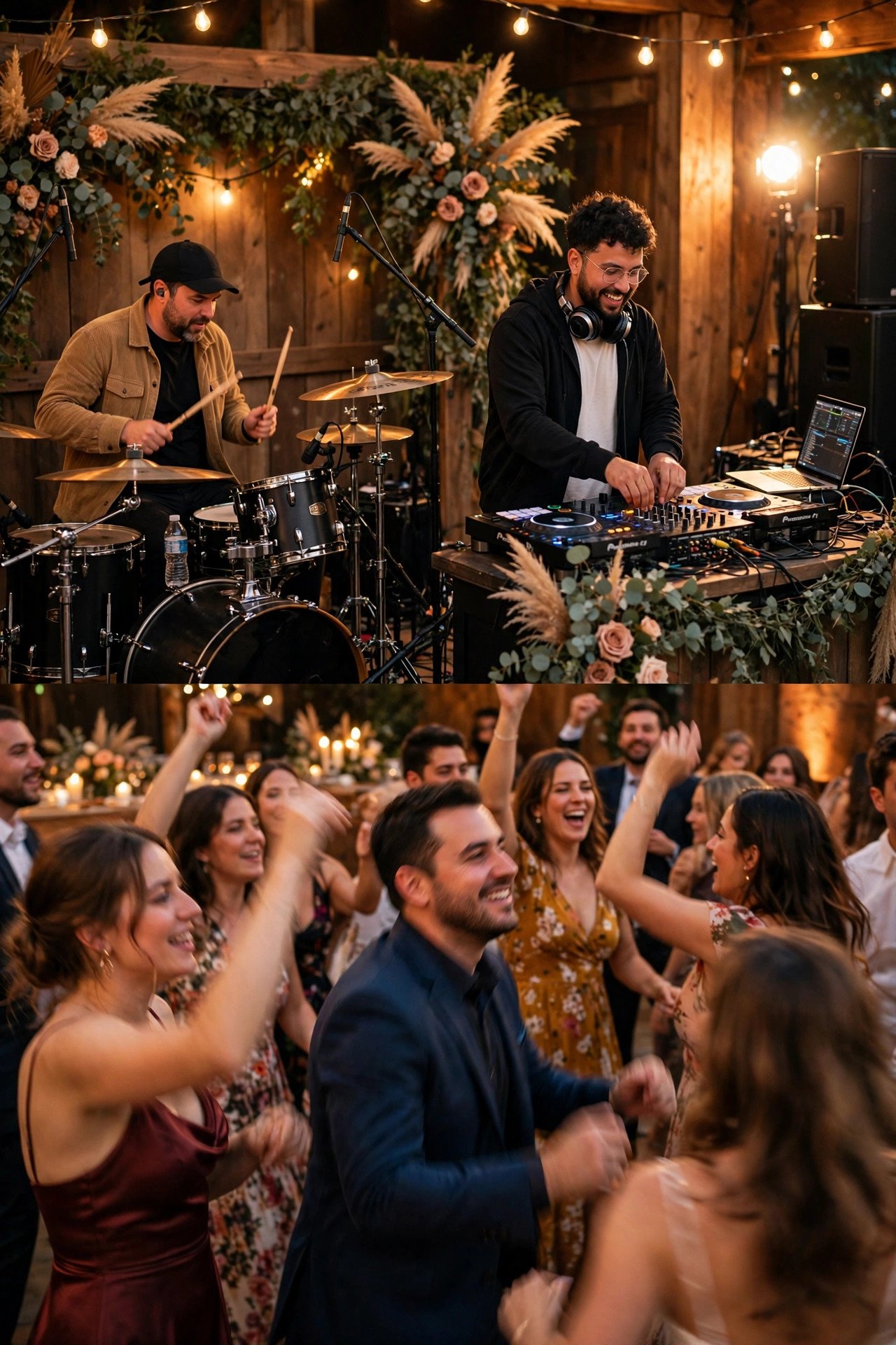Drummer performing alongside a wedding DJ