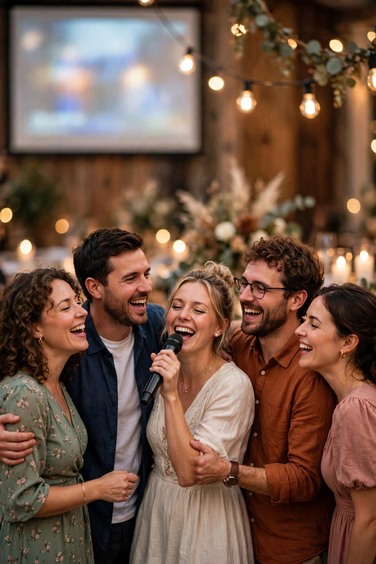 Guests singing karaoke together at a wedding
