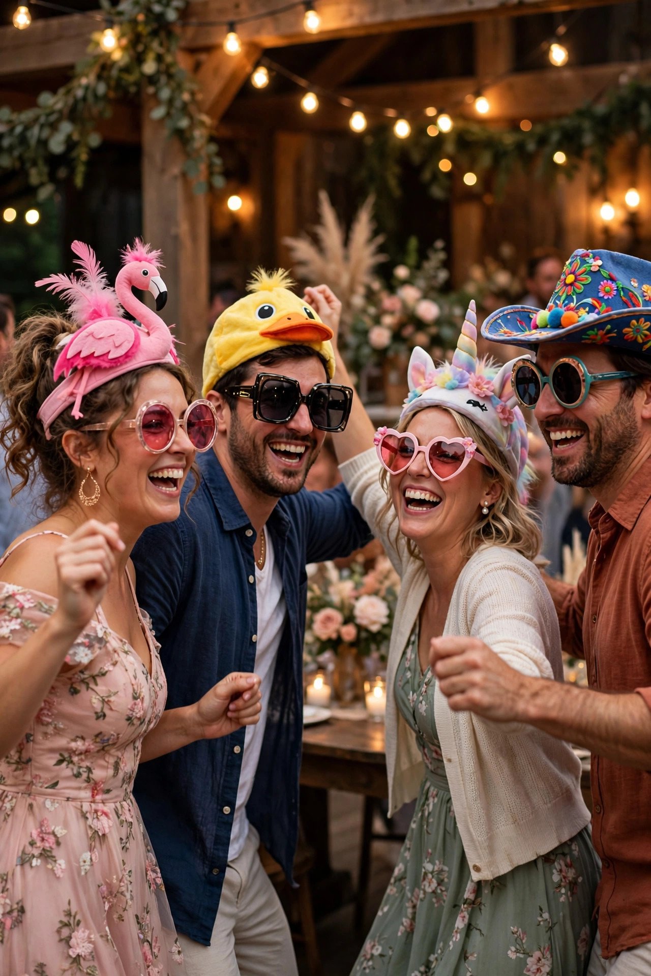 Guests dancing in fun hats and sunglasses