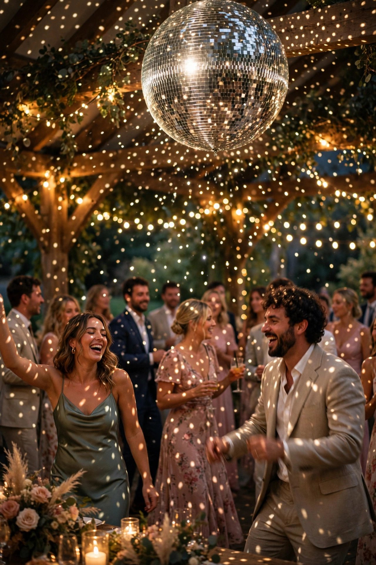 Mirror ball scattering light over dancers