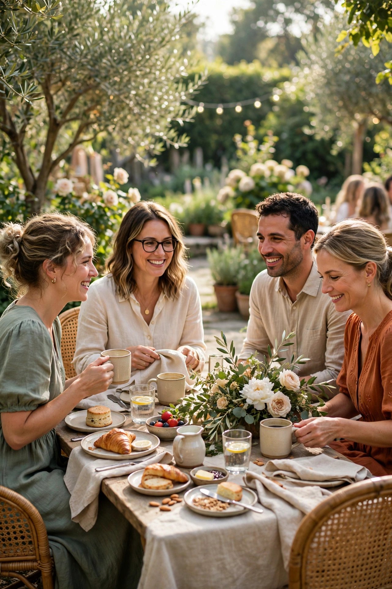 Guests settling at a sunny brunch table