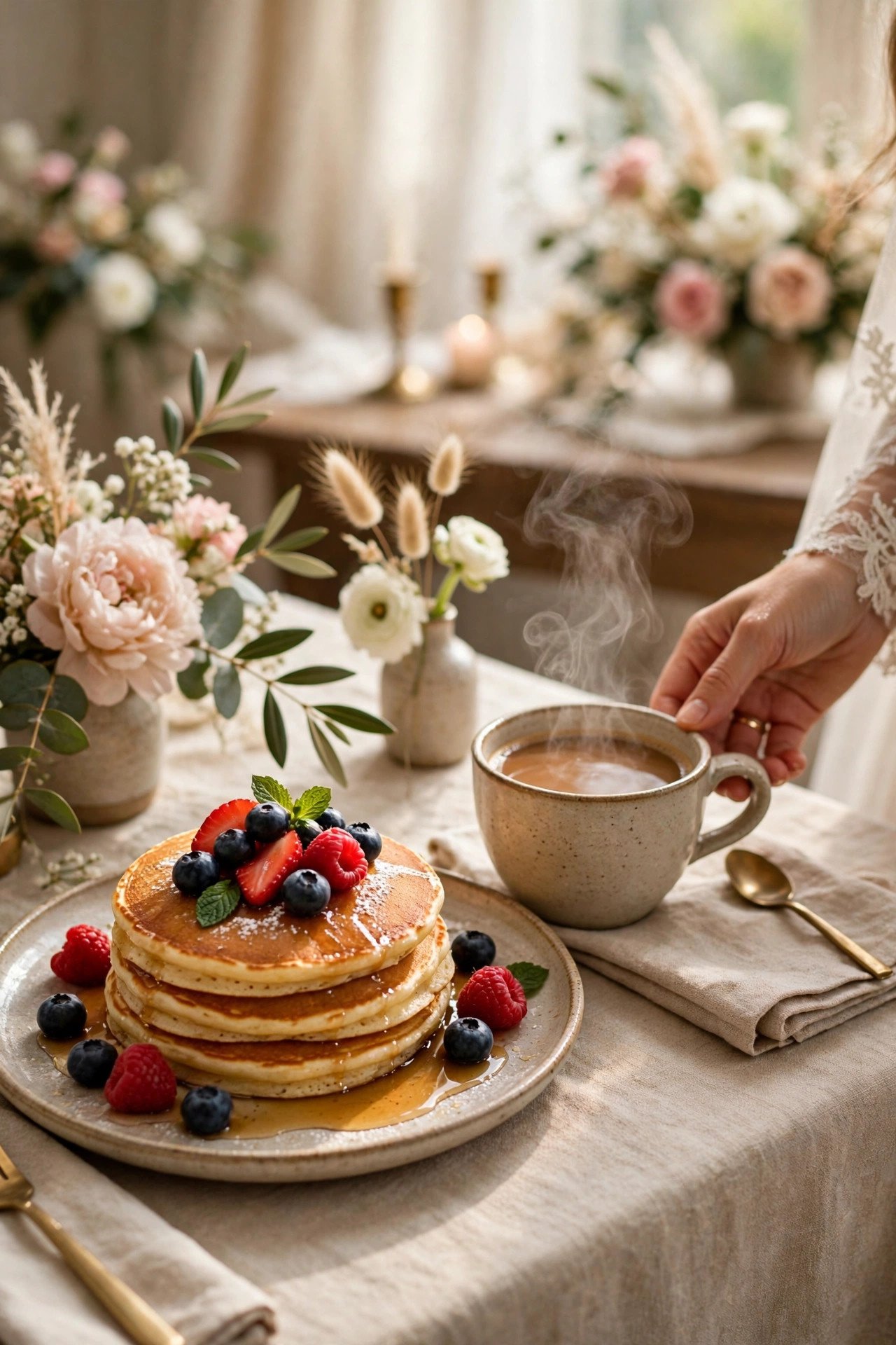 Pancakes and coffee served at brunch