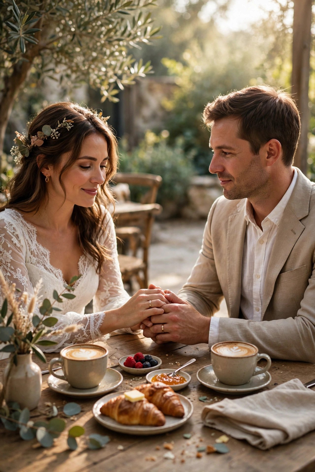 Couple holding hands over brunch
