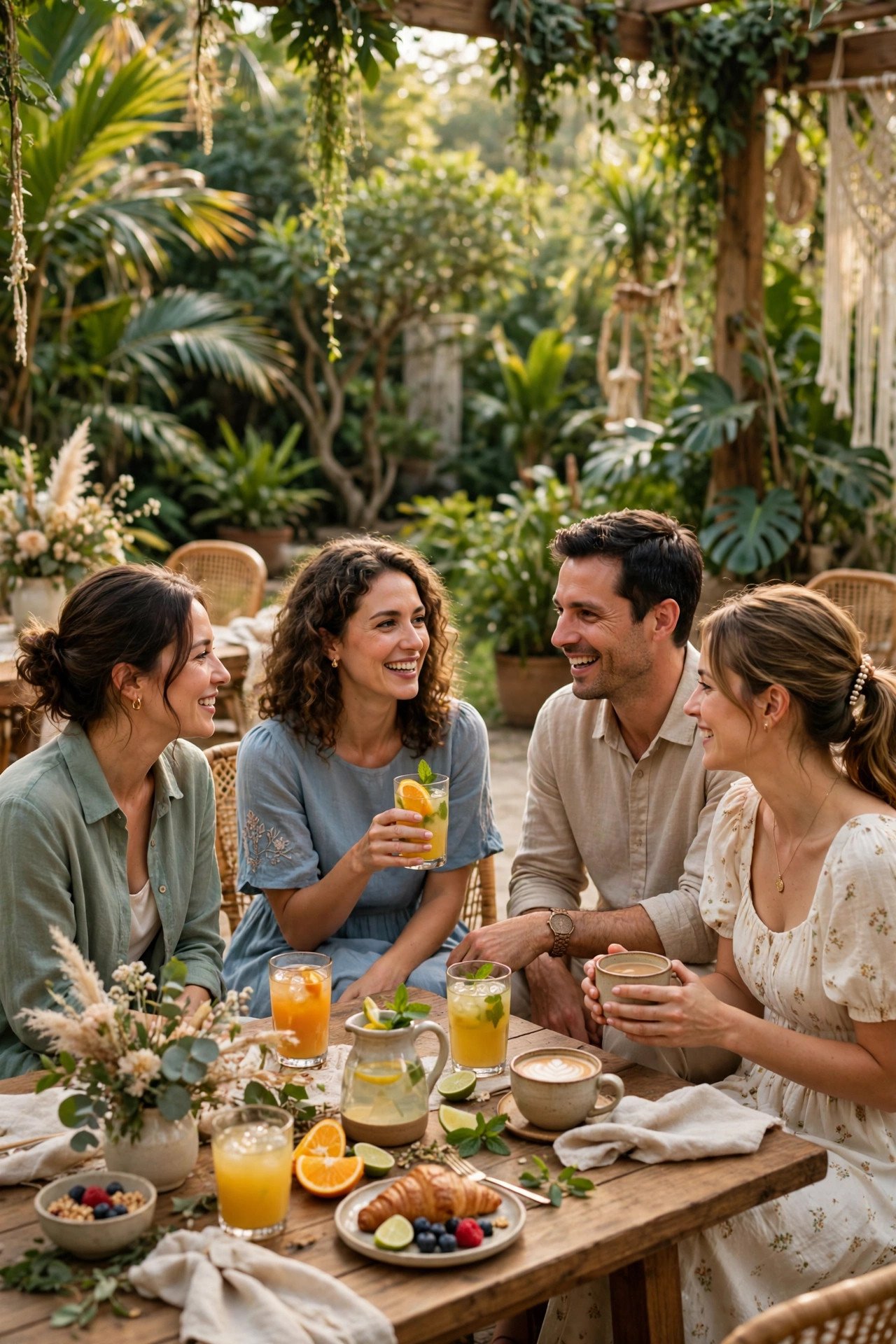 Relaxed guests chatting over juice and coffee