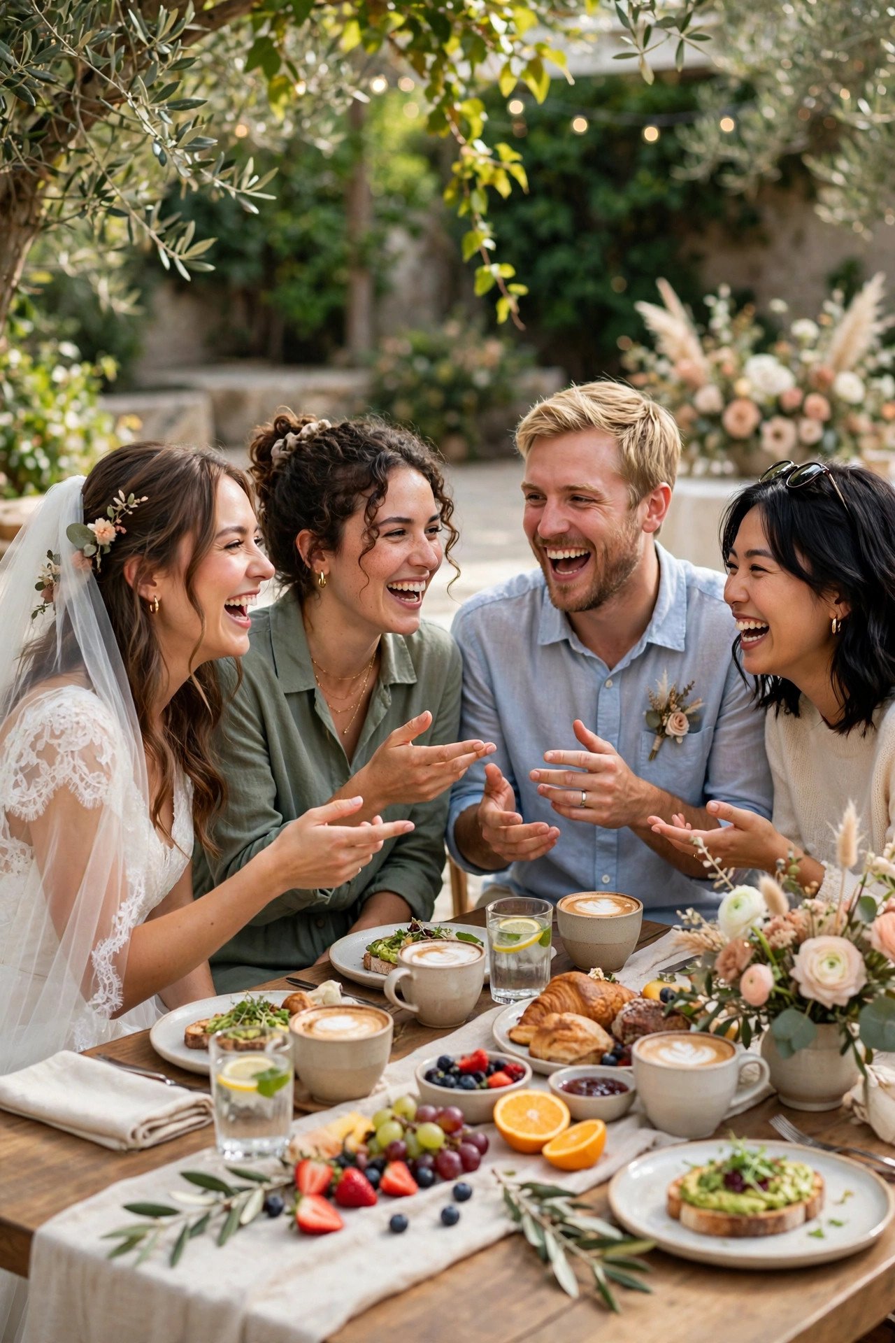 Playful brunch table conversation