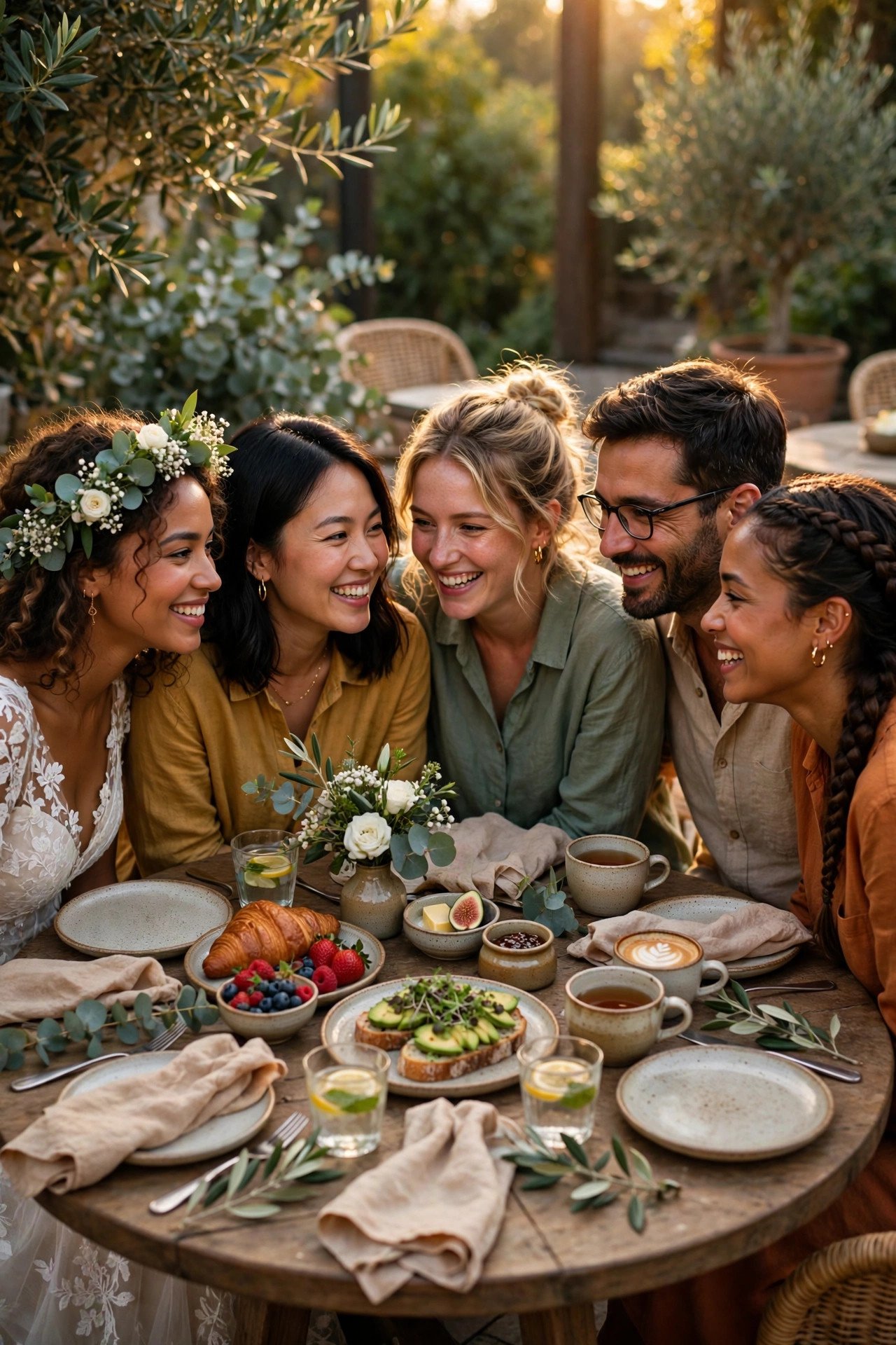 Friends gathered around a brunch table