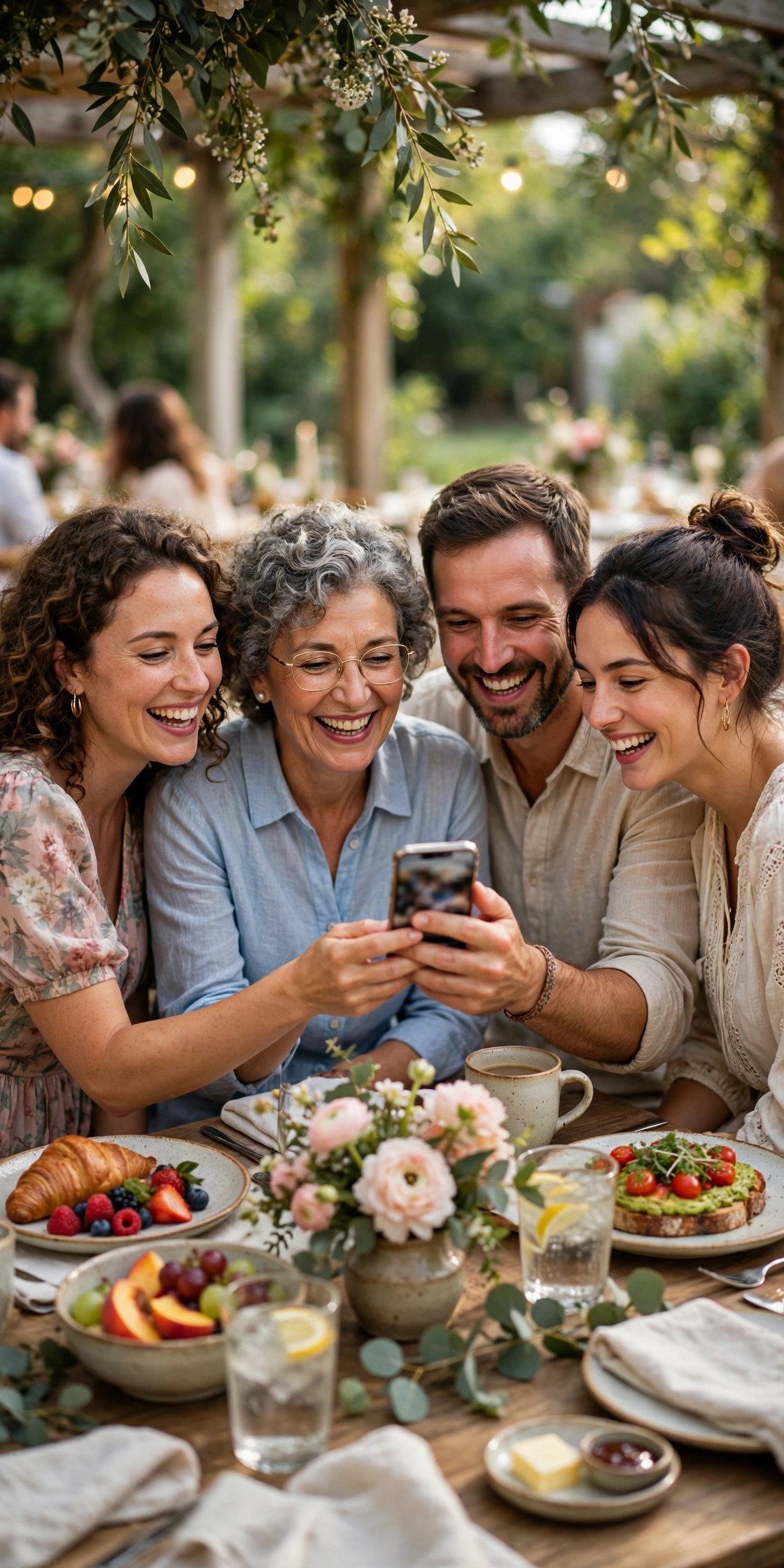Guests sharing wedding photos at brunch