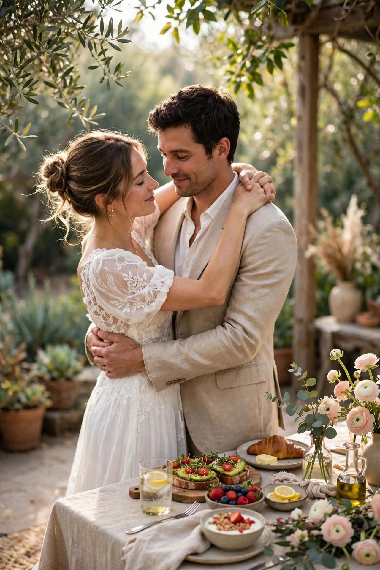 Couple dancing quietly by the brunch table