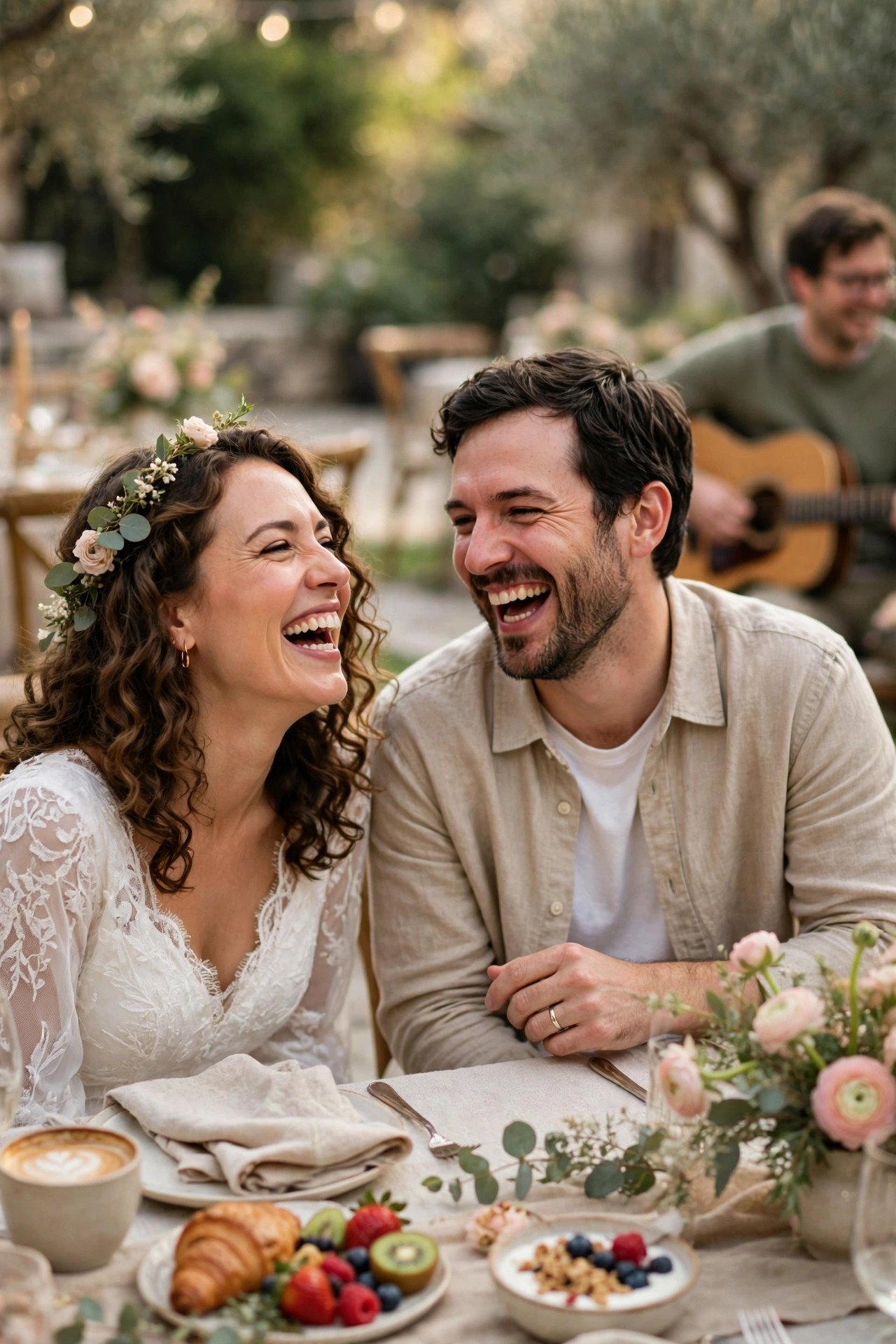 Couple laughing together at brunch