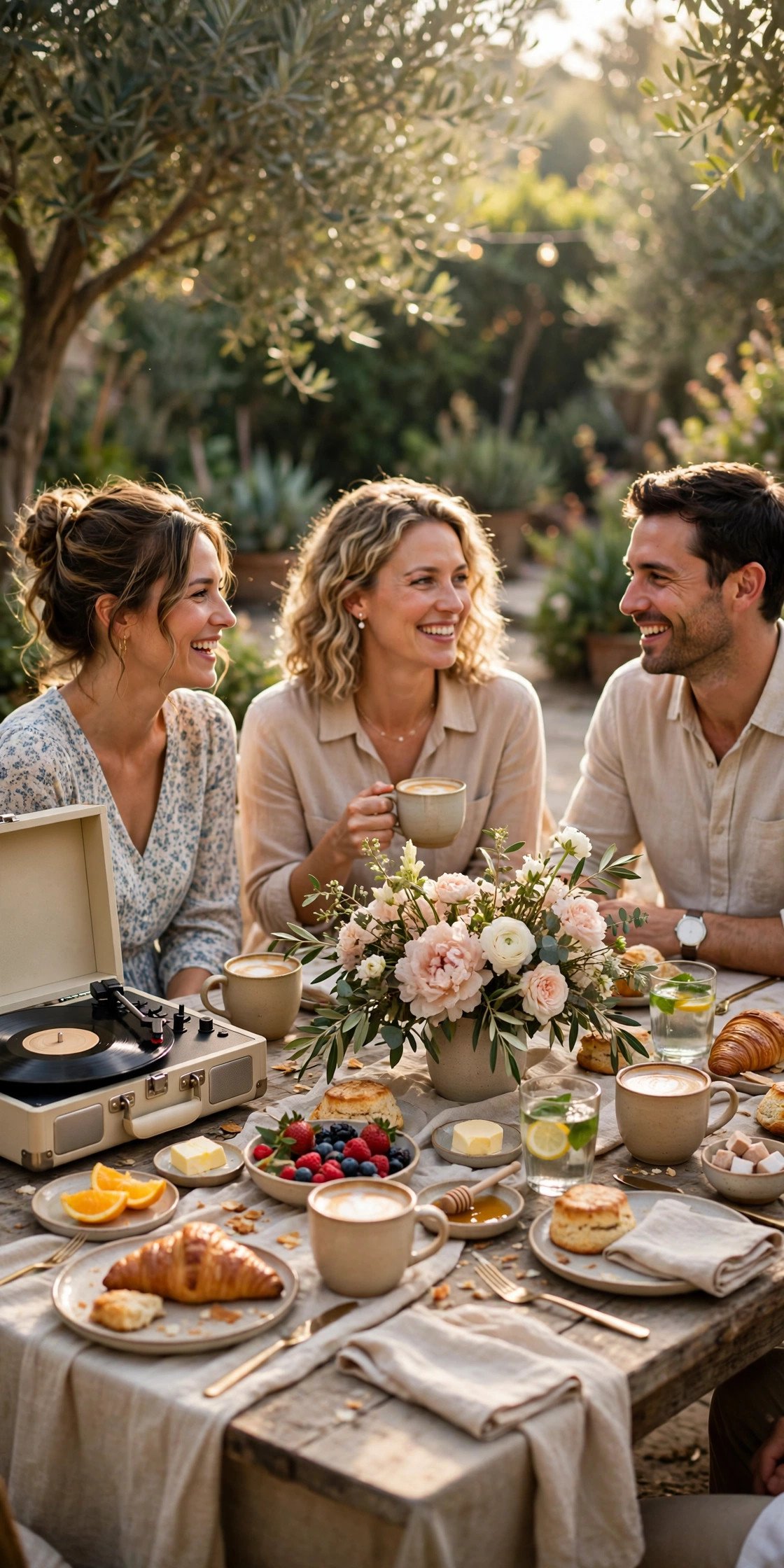 Sunny wedding brunch table with coffee and pastries while soft music plays