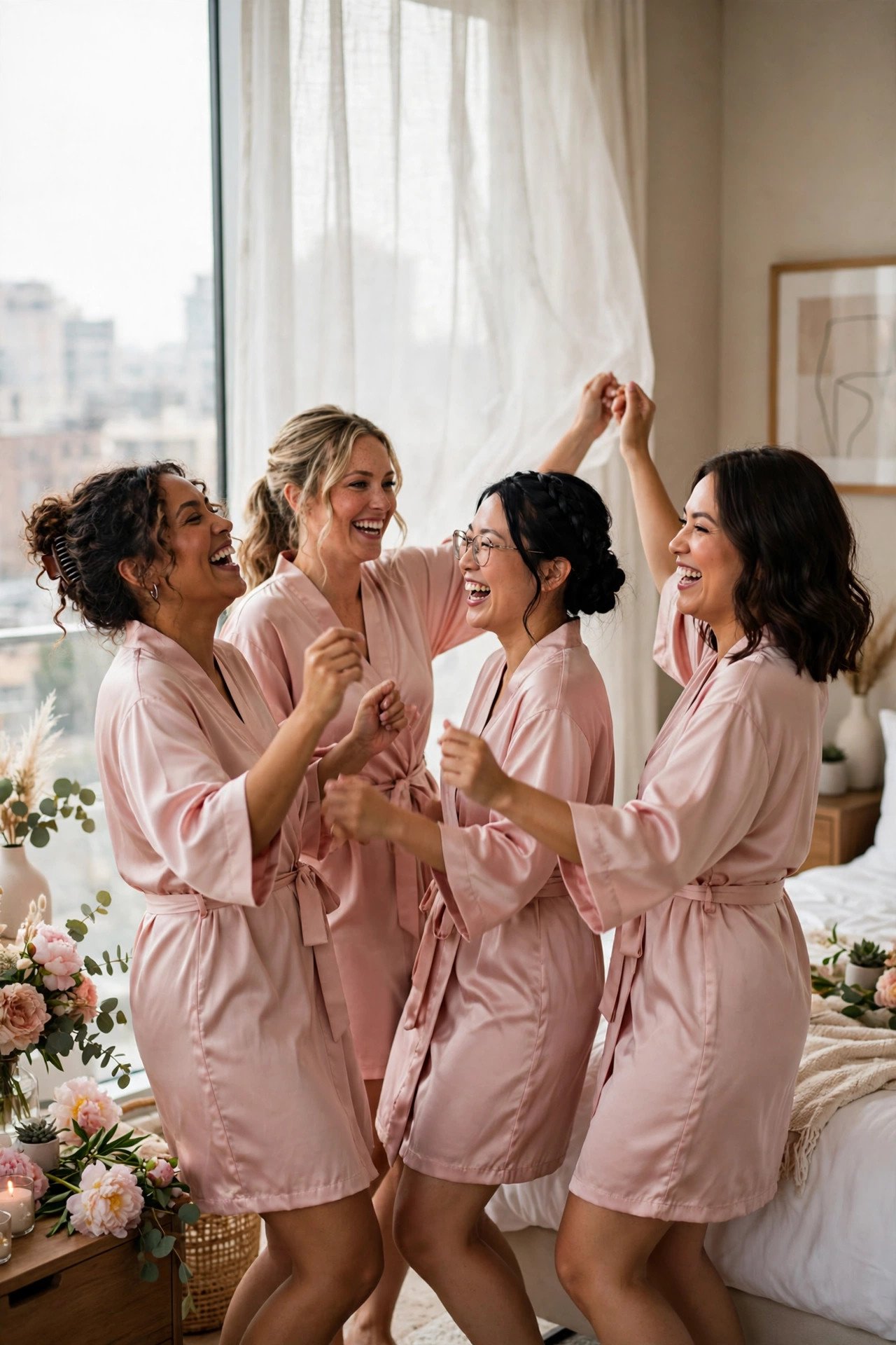 Bridesmaids laughing in matching robes