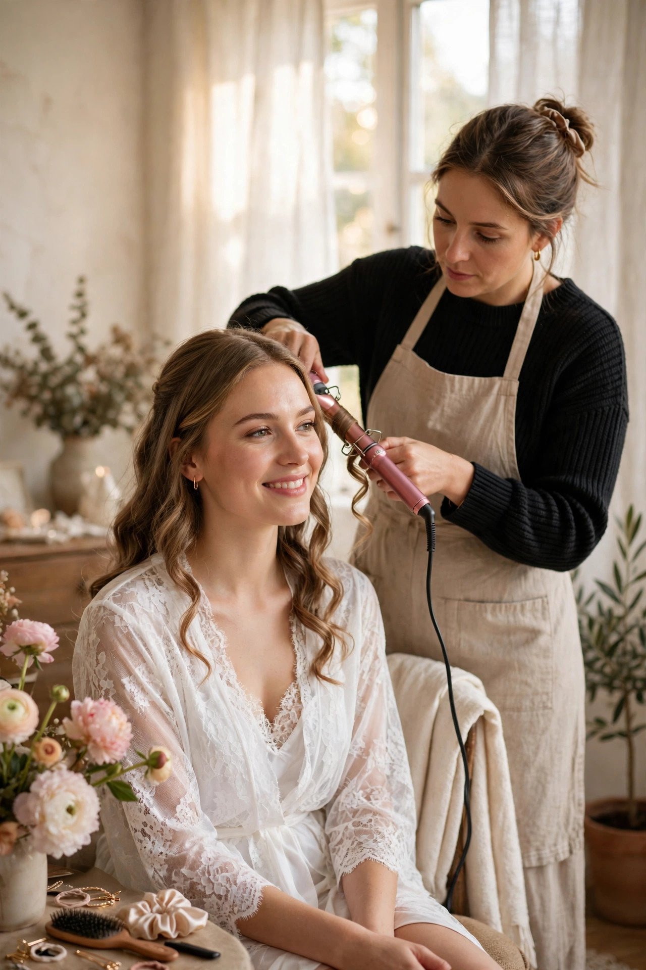 Bride smiling during hair styling