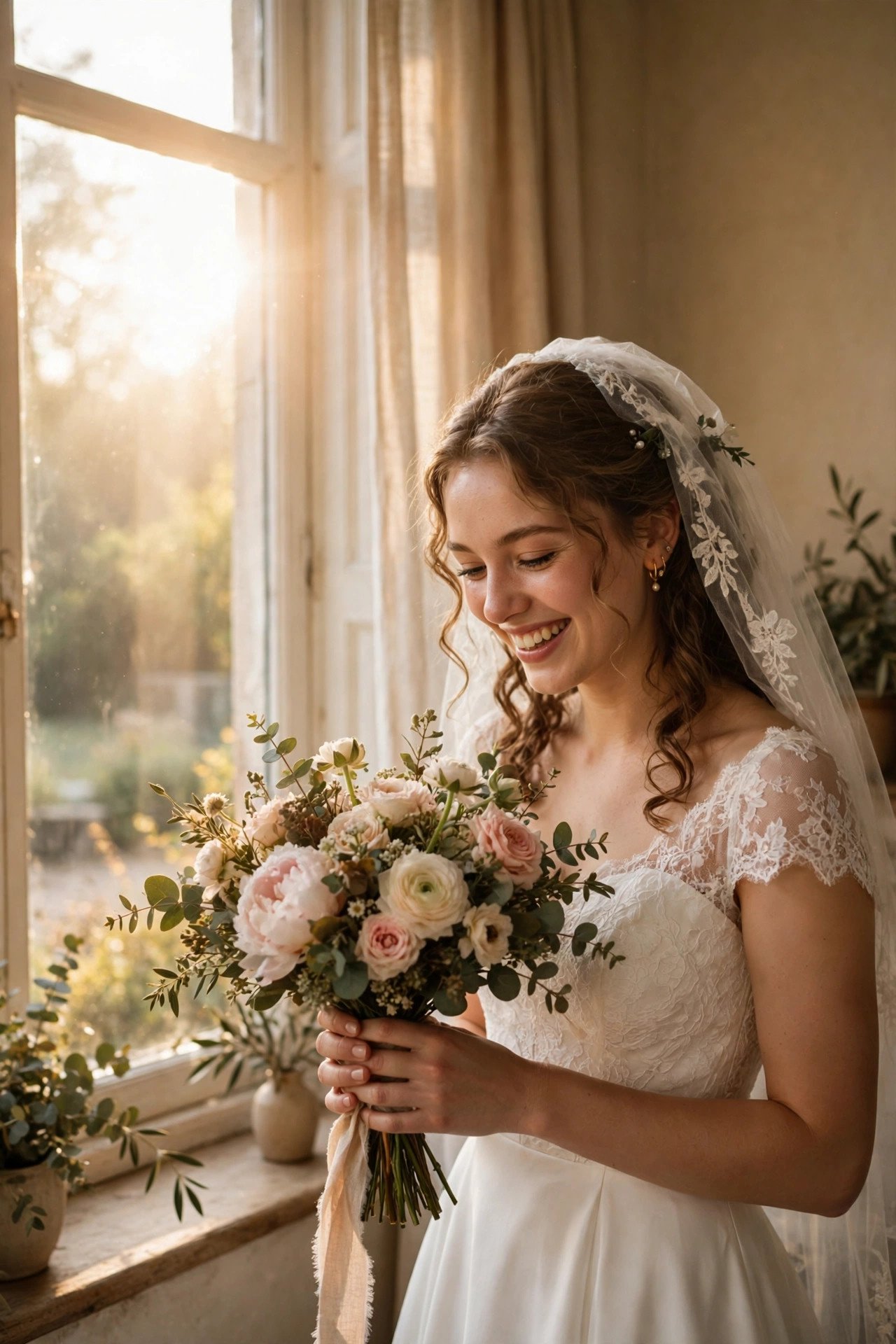 Bride beaming in morning sunlight