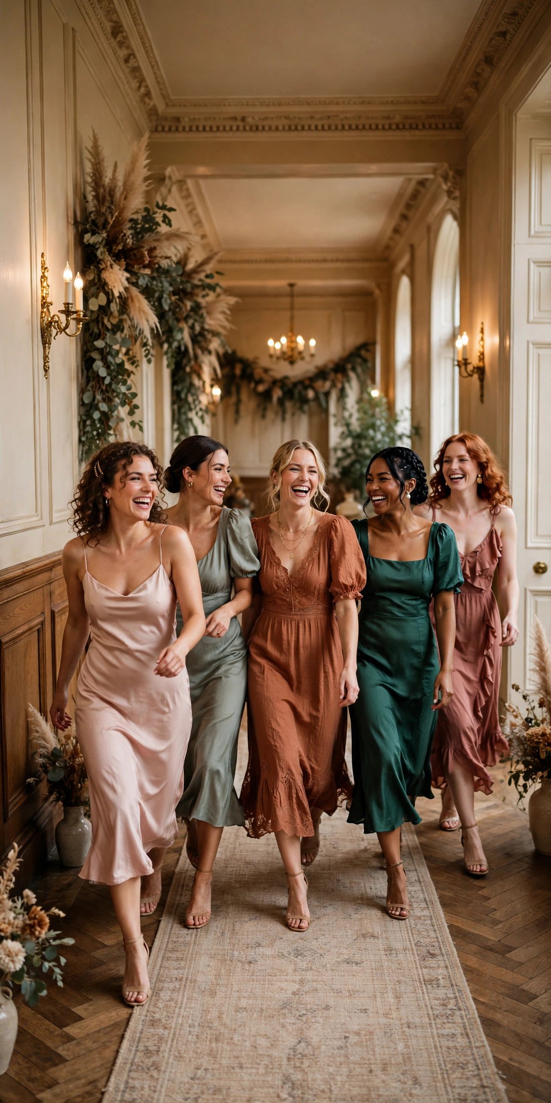 Wedding party strutting down a hallway