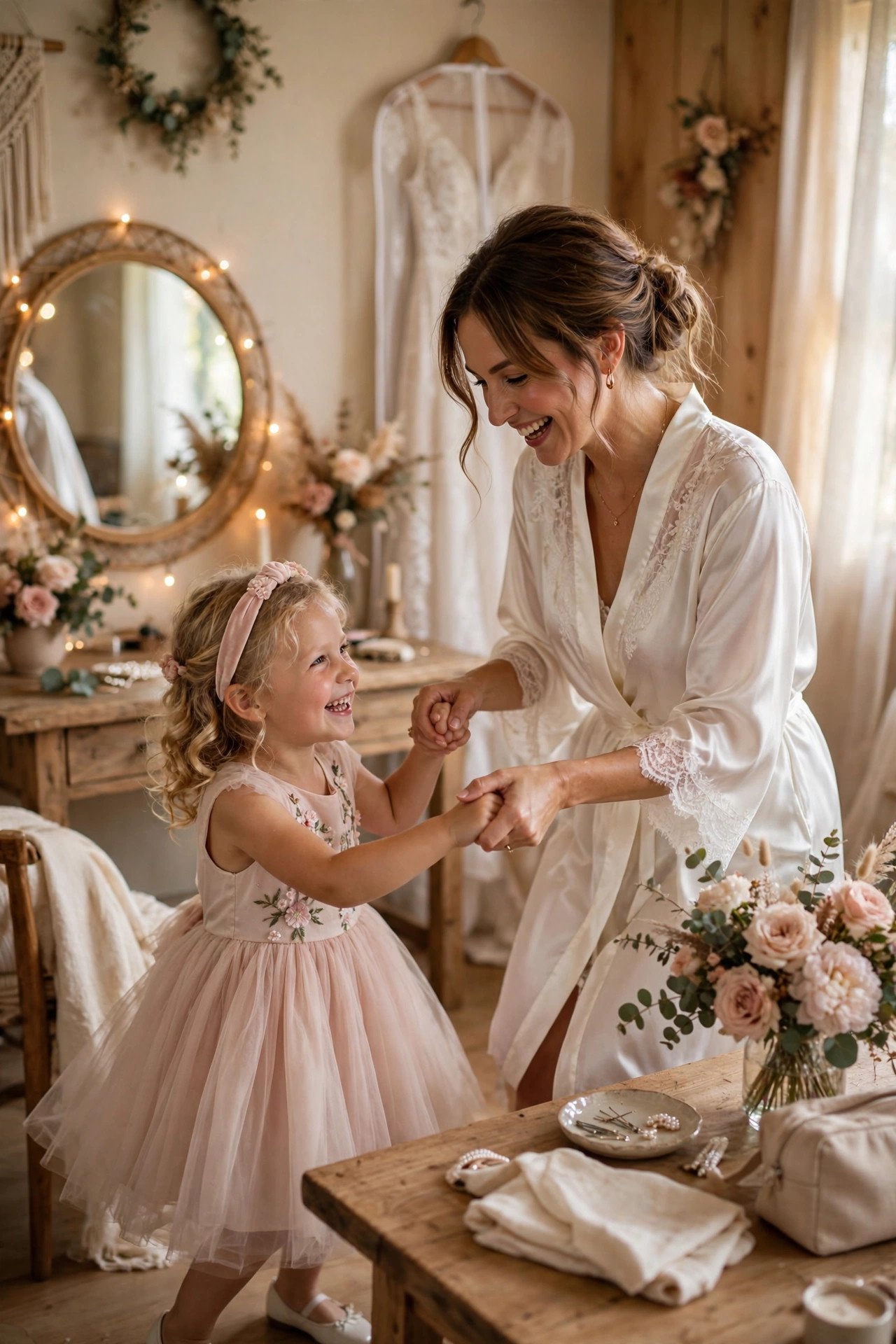 Flower girl dancing with the bride