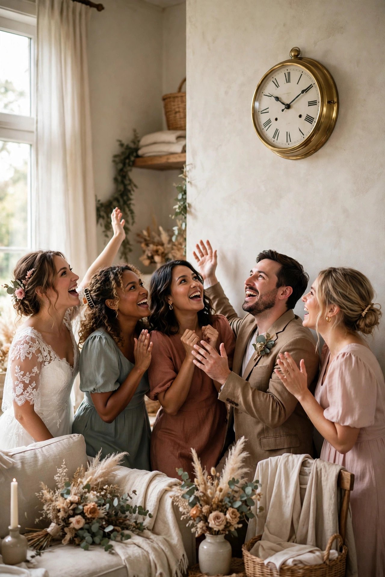 Party checking the clock and cheering