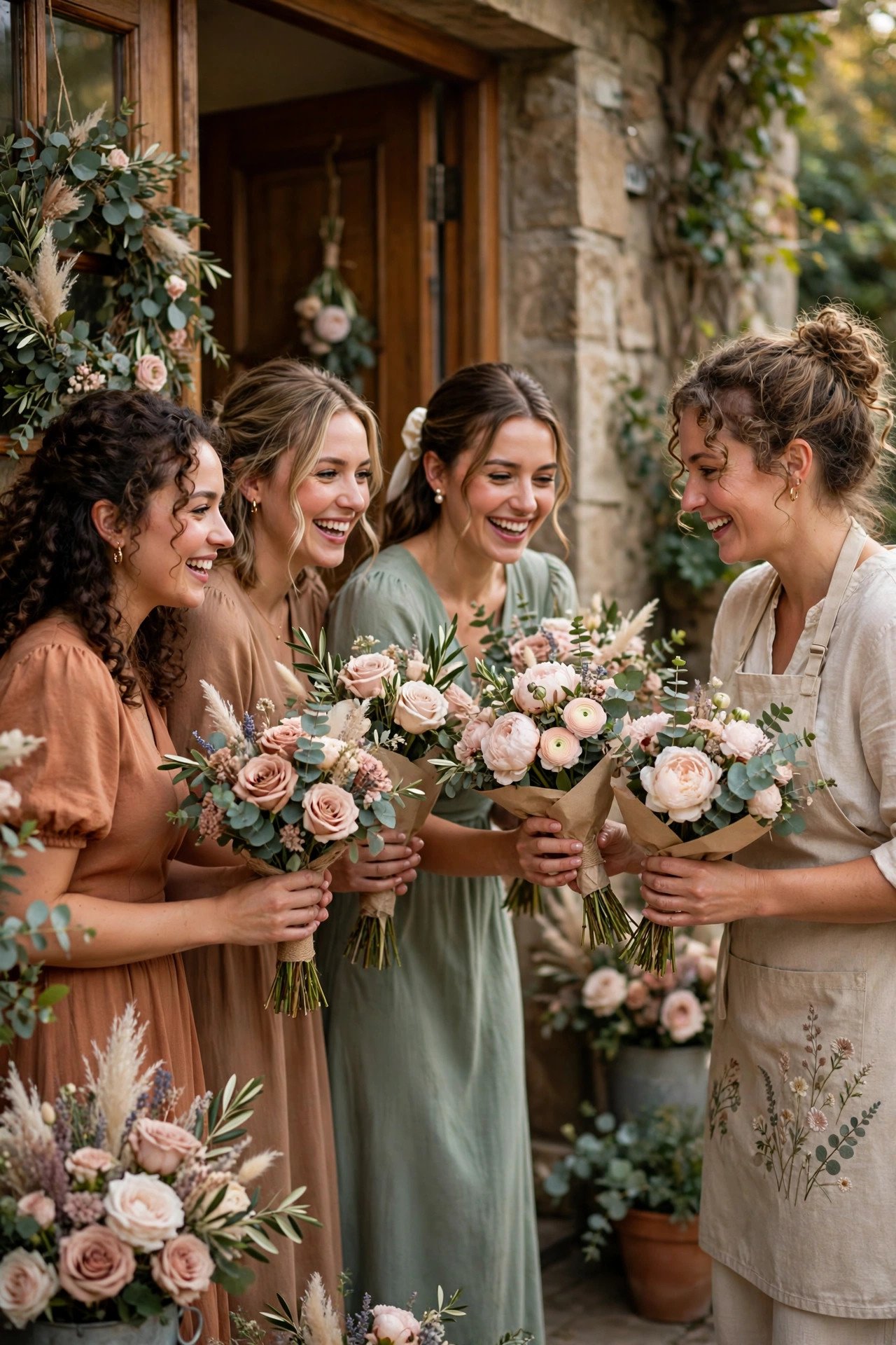 Bridesmaids receiving their bouquets