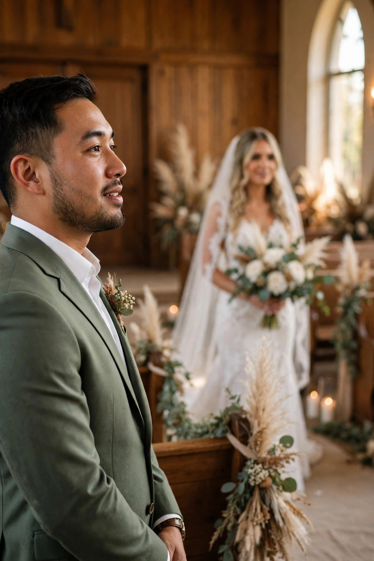 Groom watching the bride walk in