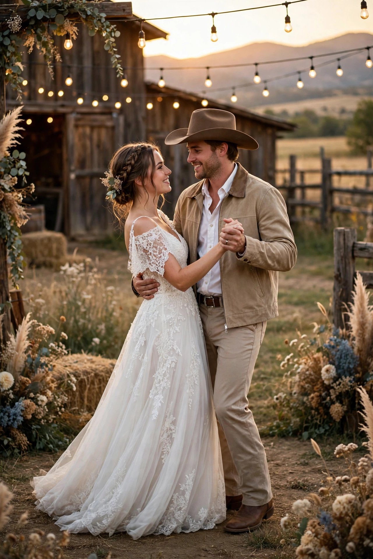 Classic country slow dance at a ranch wedding