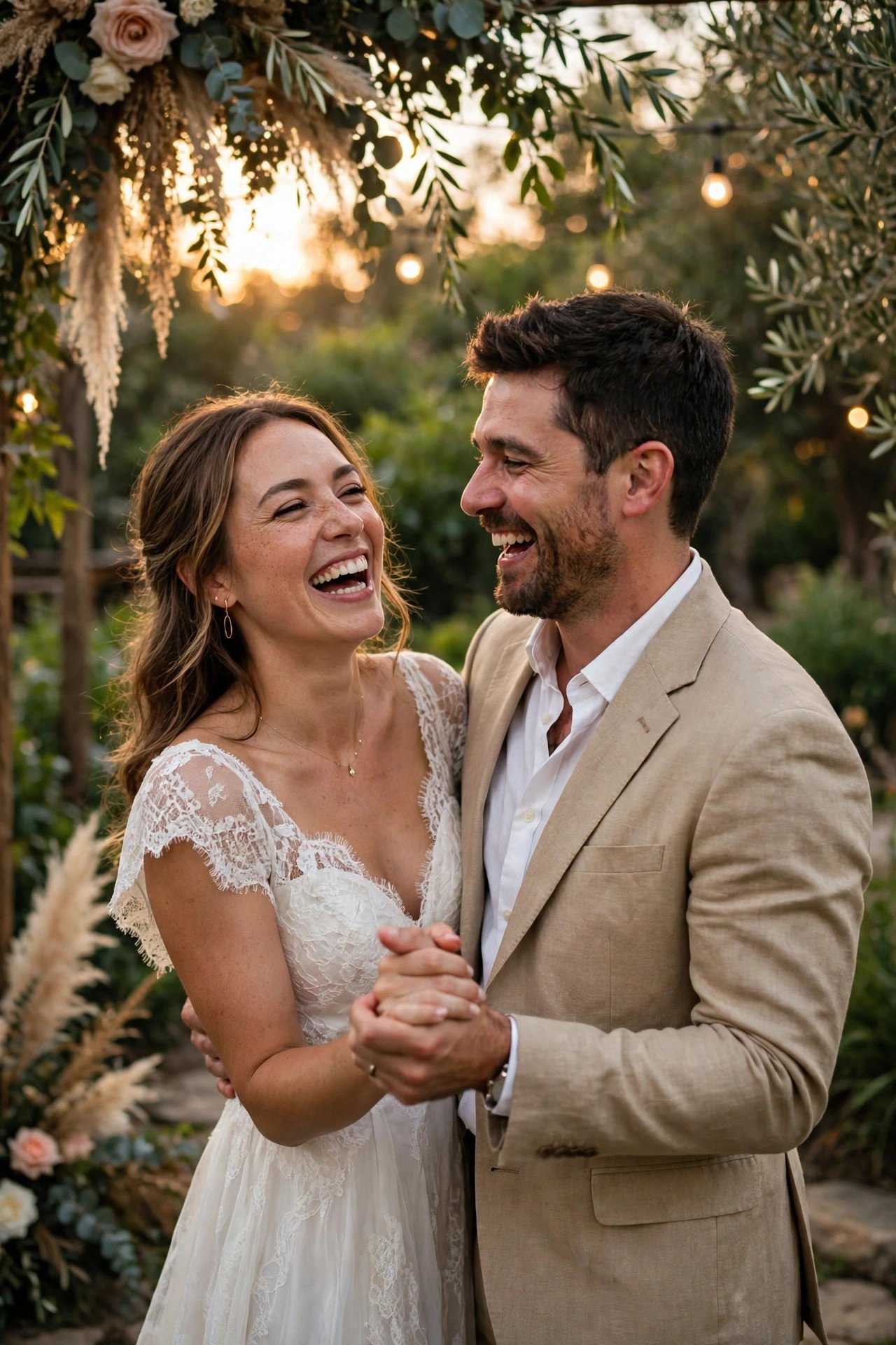 Couple laughing mid slow dance