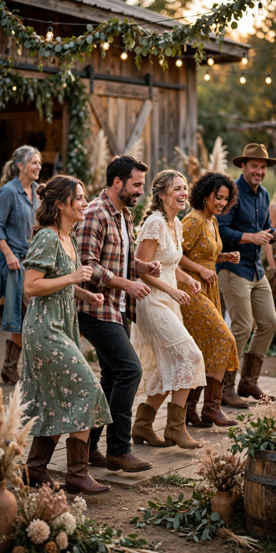 Guests learning a line dance in boots