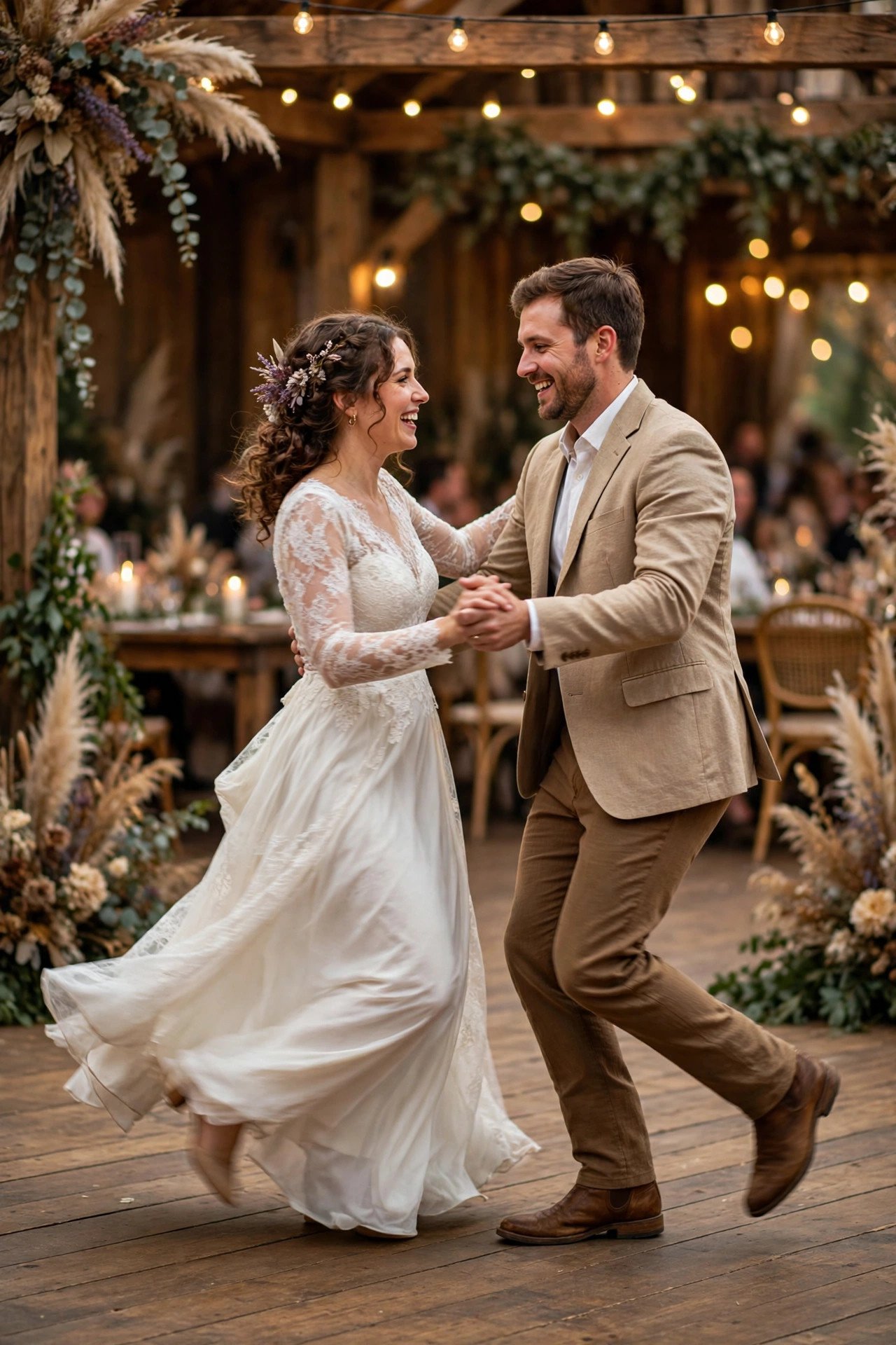 Couples two-stepping across the floor