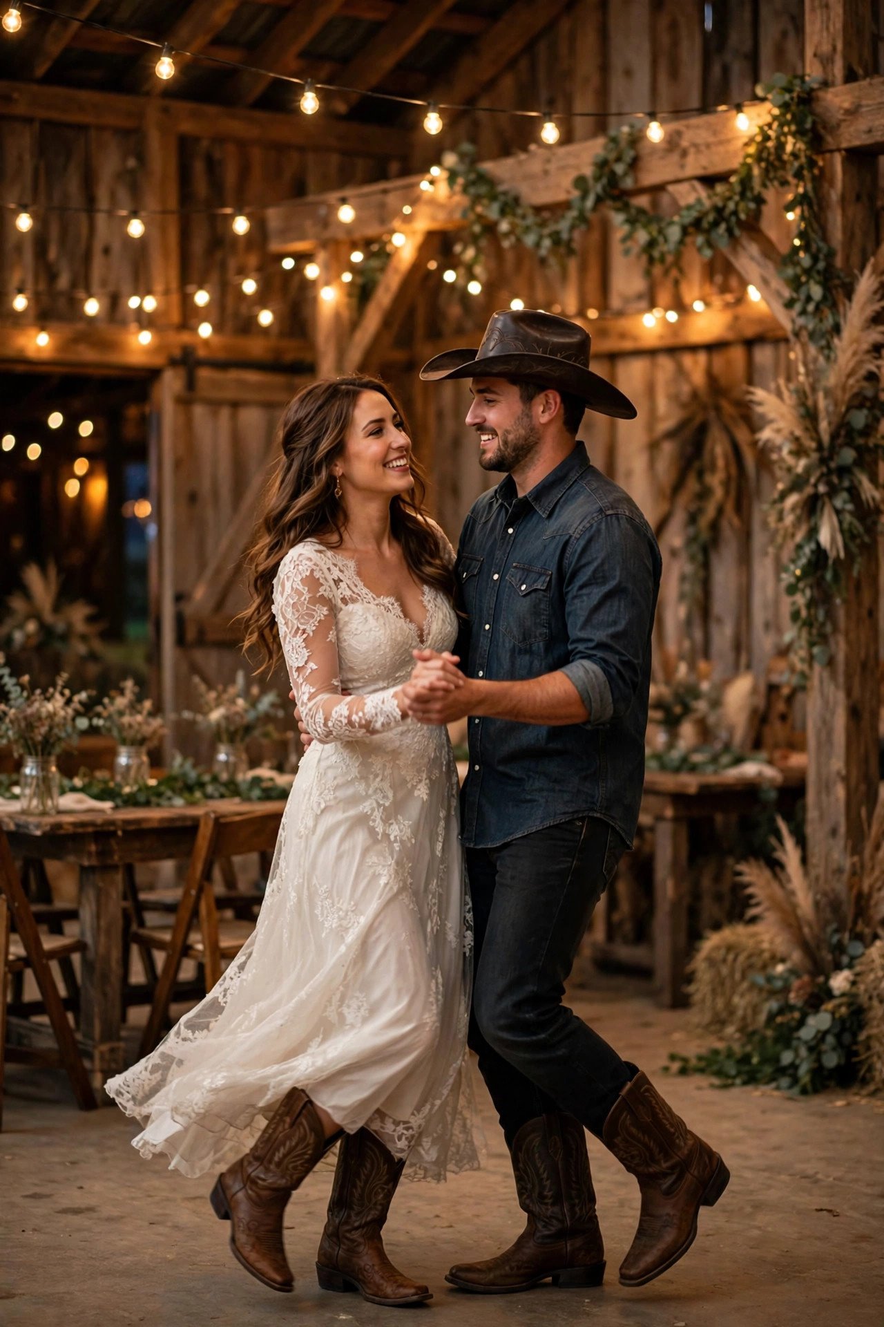 Couple two-stepping at a barn wedding reception under string lights in cowboy boots
