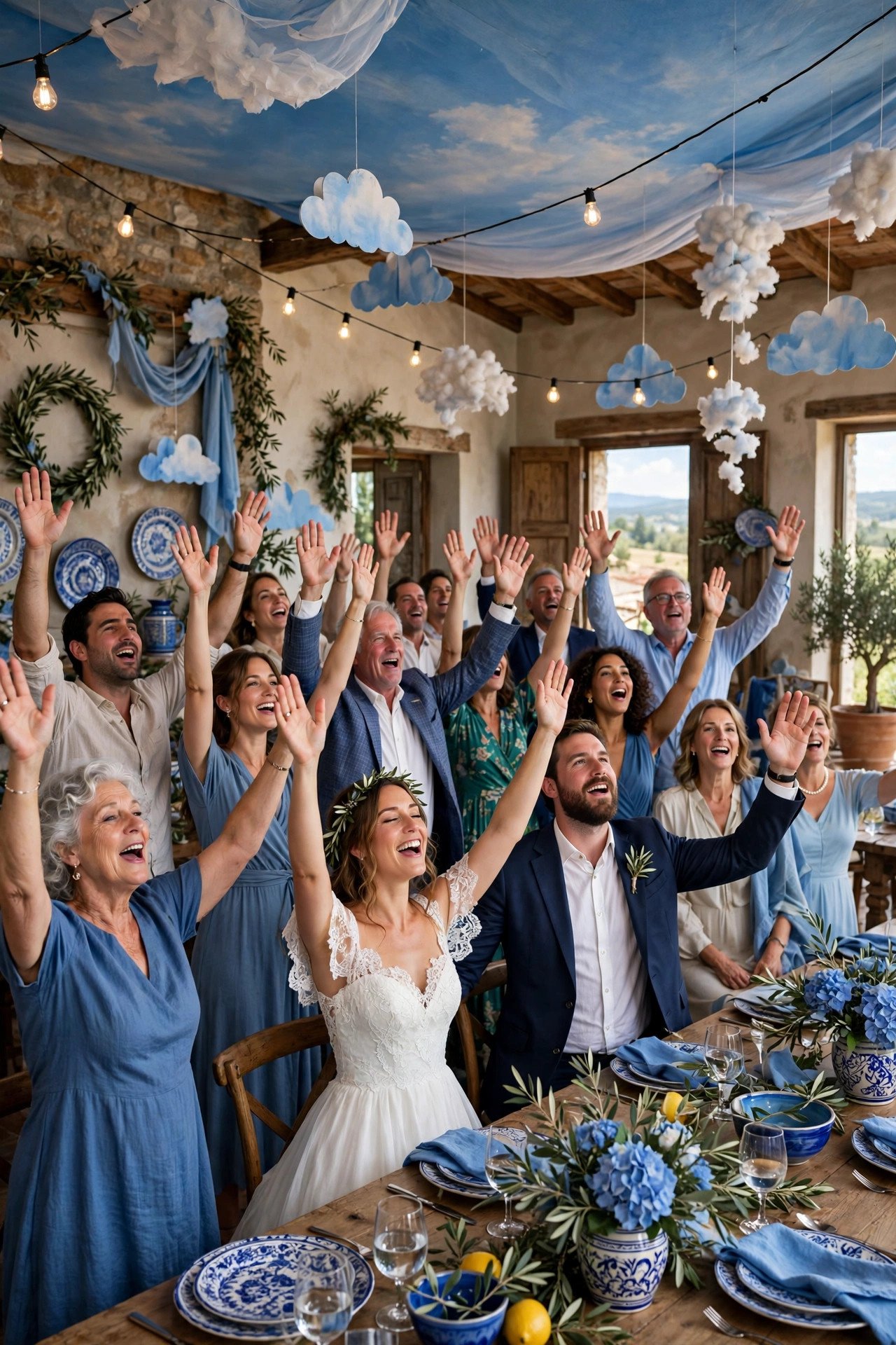 Whole room singing Volare with arms raised