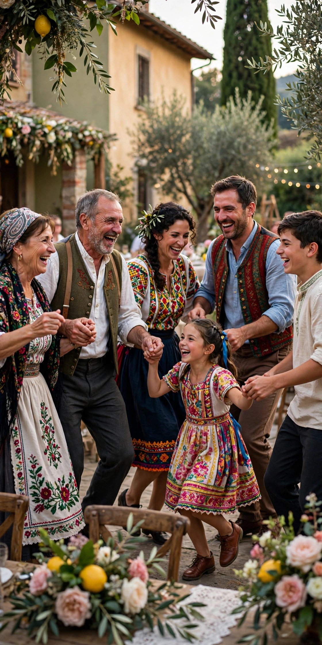 Family laughing through a folk dance