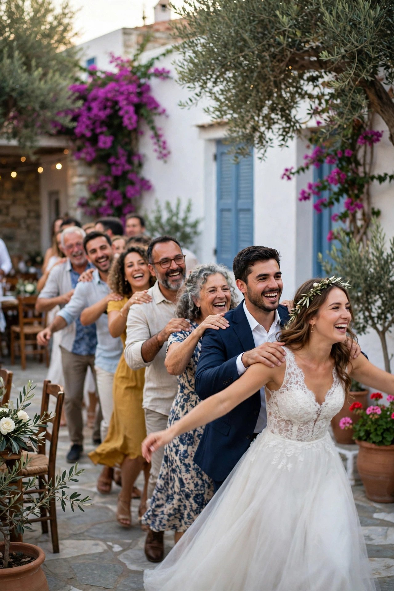 Guests dancing the sirtaki in a growing line