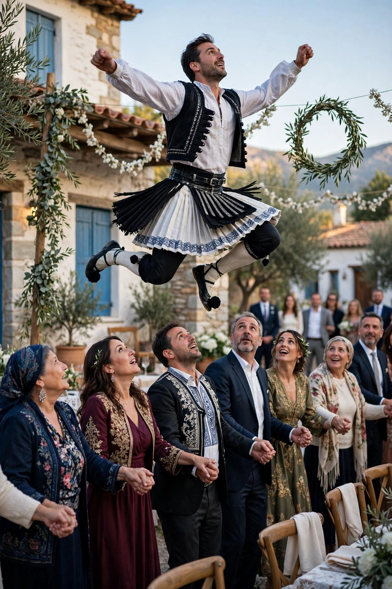 Lead dancer leaping in a tsamiko line
