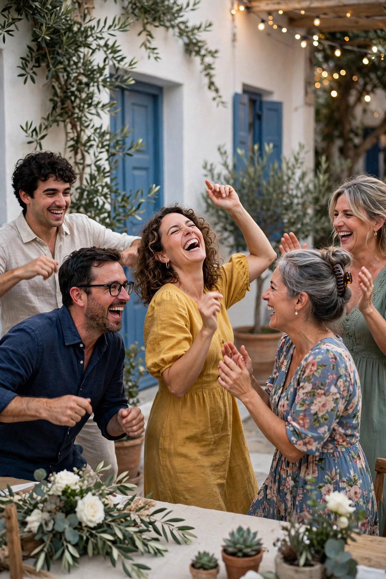 Guests laughing at a playful Greek pop song