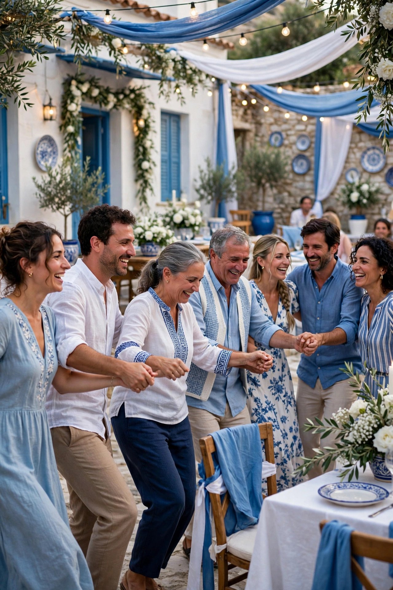 Greek wedding guests dancing in a linked circle performing the sirtaki at a joyful reception