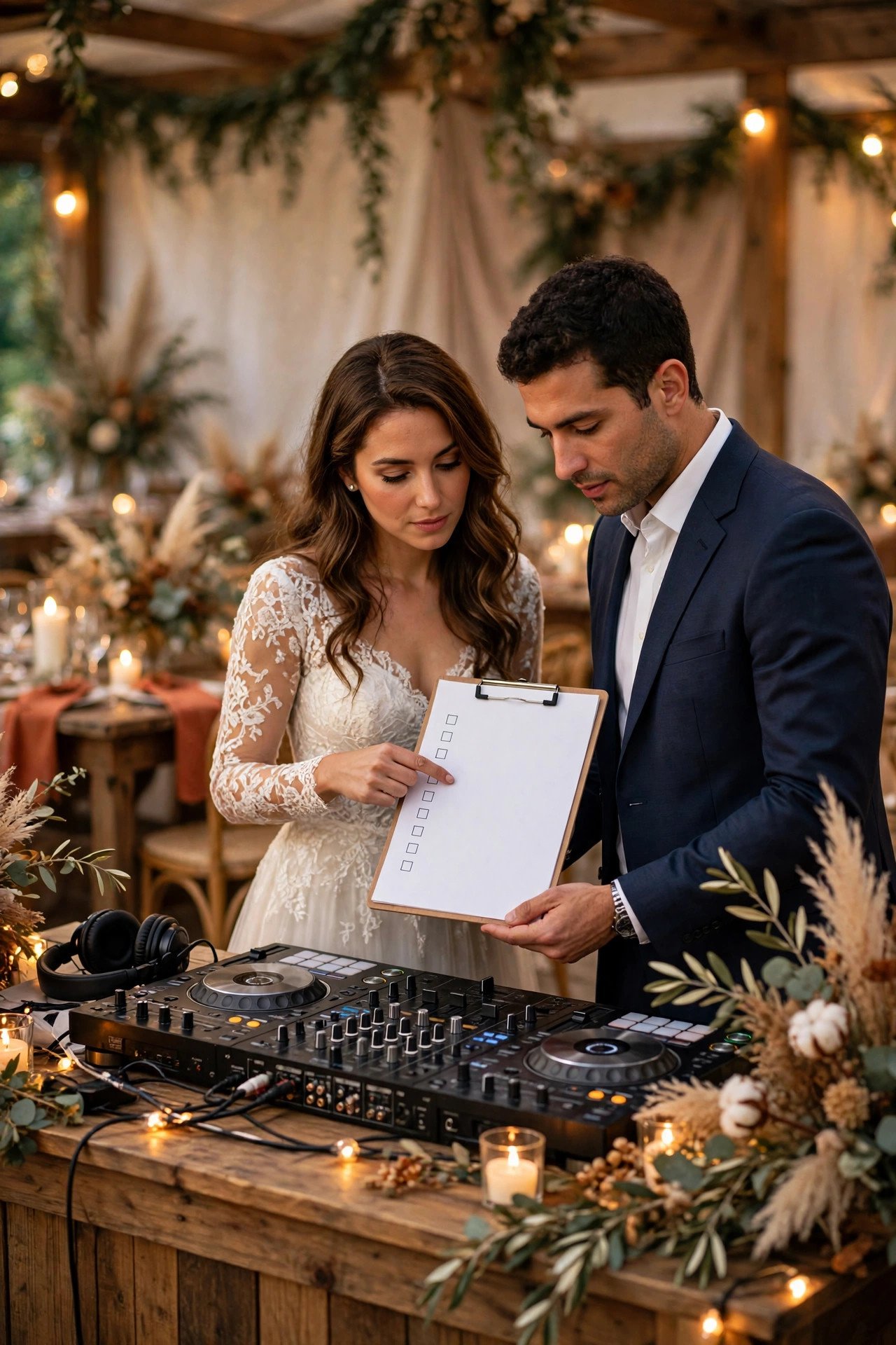 Wedding DJ booth at a reception with a couple checking a contract and checklist