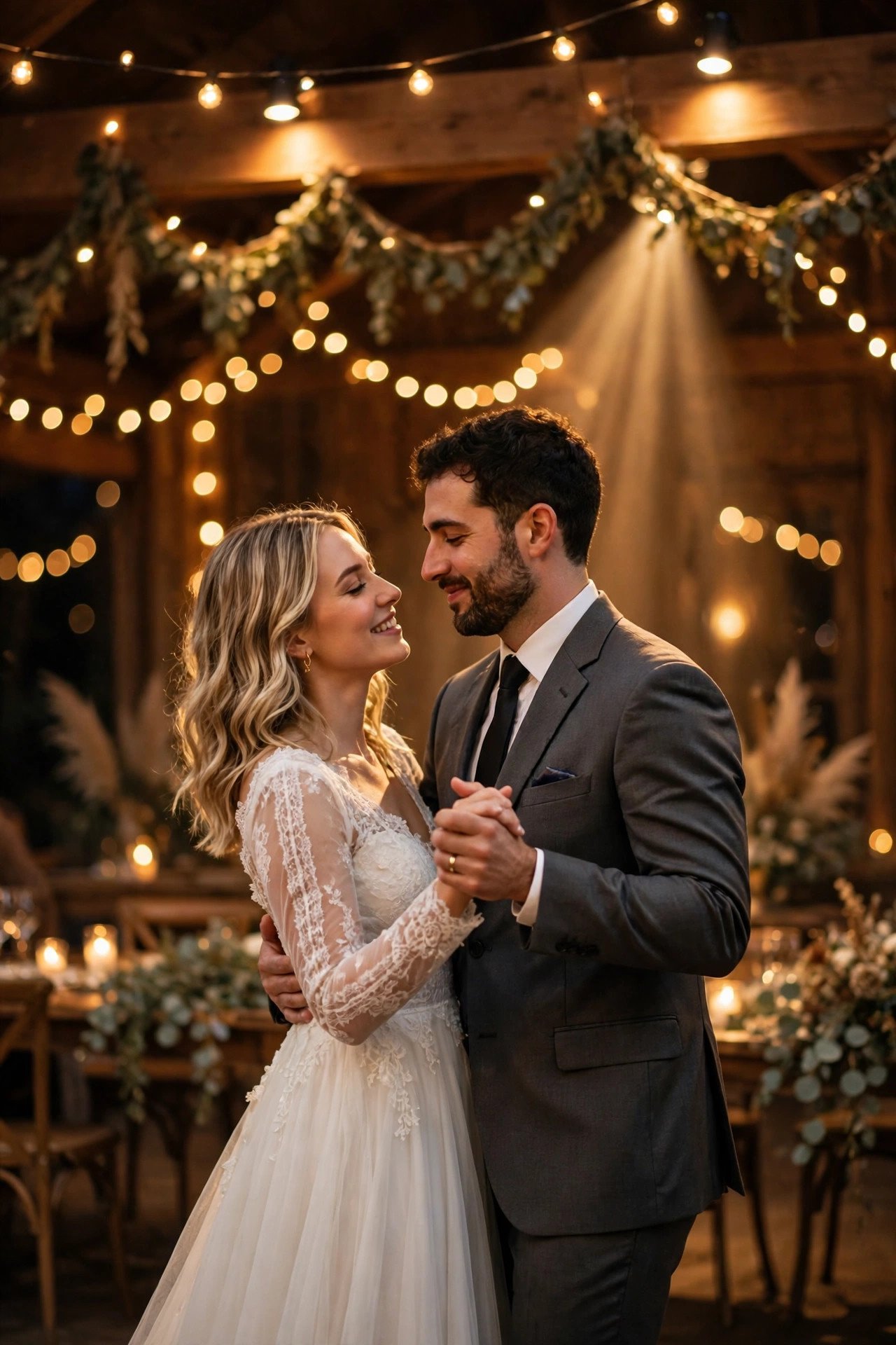 Couple sharing a first dance under warm spotlights and fairy lights