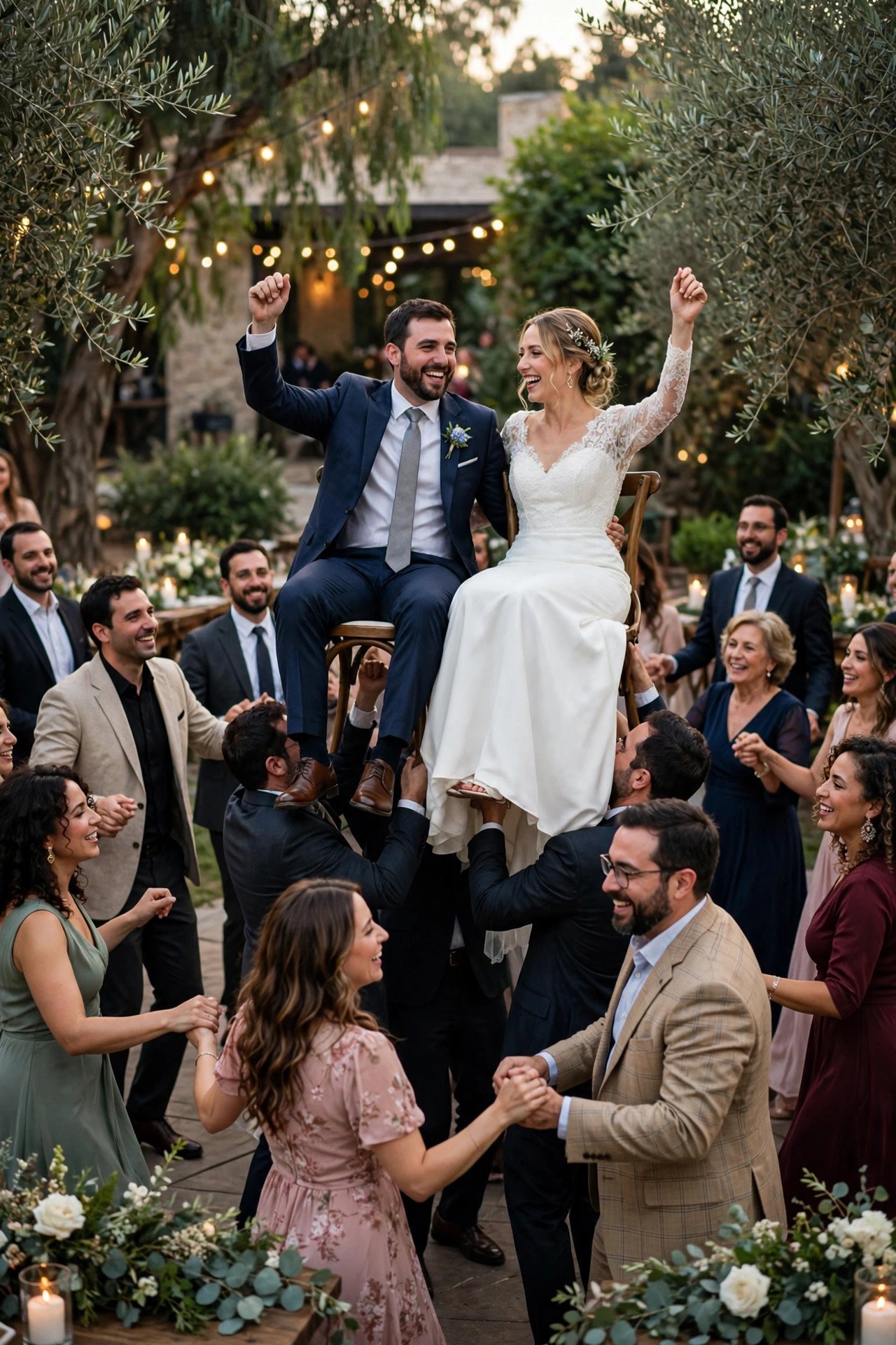 Wedding guests dancing the hora in a joyful circle with the couple lifted on chairs
