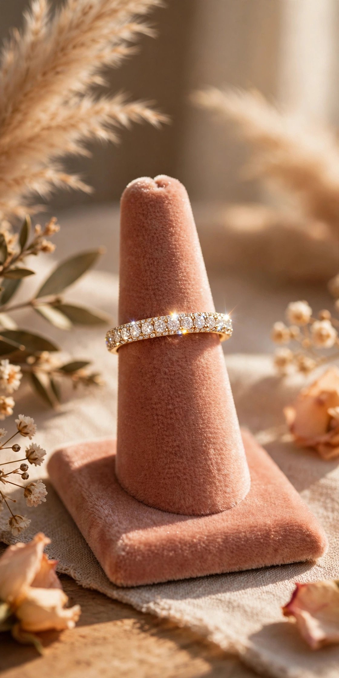 Eternity Band — wedding band in gold and platinum tones on a ring stand