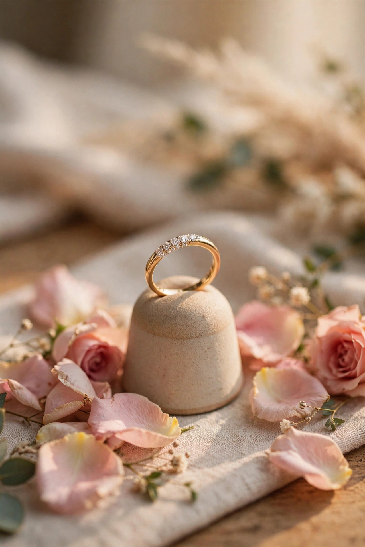 Half-Eternity Band — wedding band in gold and platinum tones on a ring stand