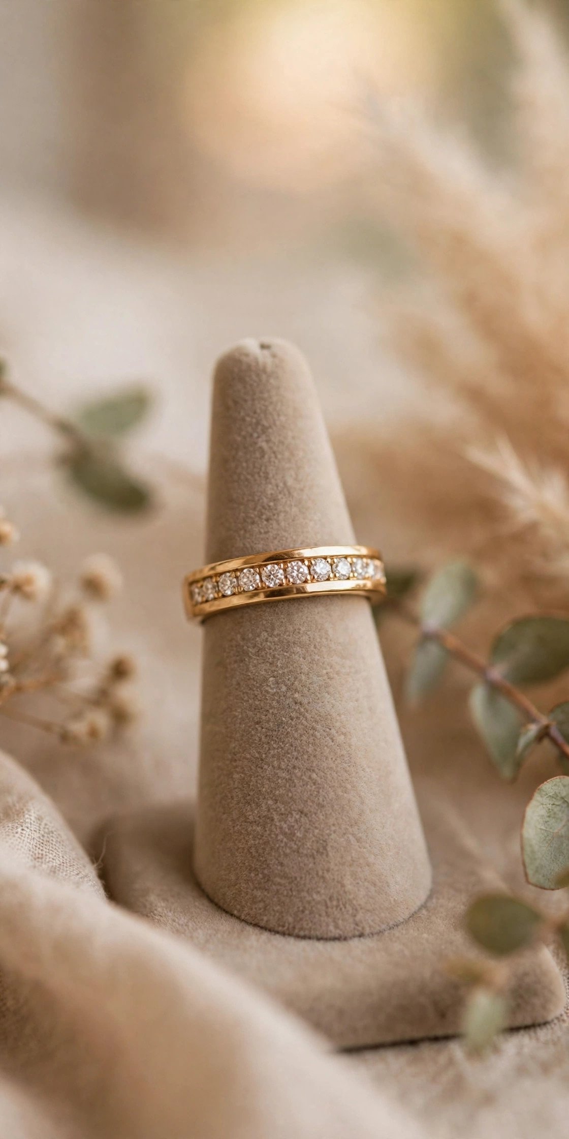 Channel-Set Band — wedding band in gold and platinum tones on a ring stand